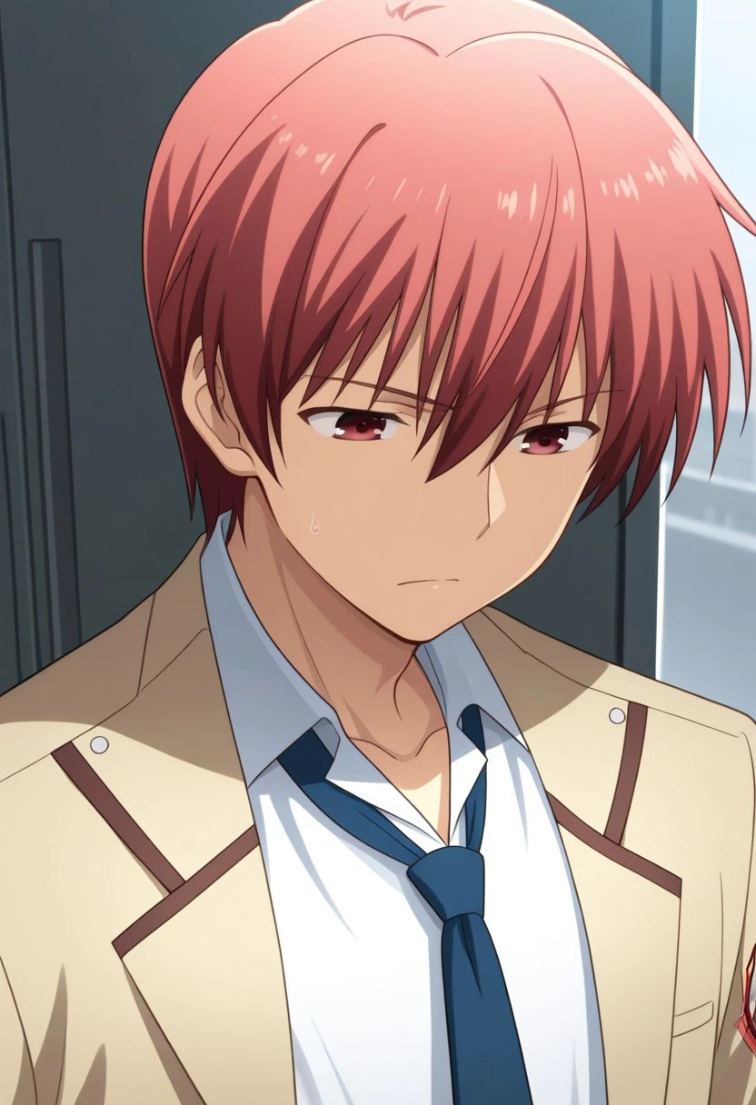 masterpiece,best quality,amazing quality, source_anime,
YuzuruOtonashi, 1boy, male focus, solo, red eyes, red hair, shinda sekai sensen uniform, shirt, white shirt, collared shirt, necktie, blue necktie, jacket, brown jacket, open jacket,  portrait,