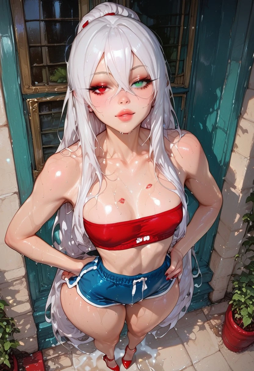 Naked, without clothing, Pumped body, white hair, bunny ears, red eyes, angry face, wet skin, tanned skin, beach, sun, woman, solo, Bottom view, nude , hands folded