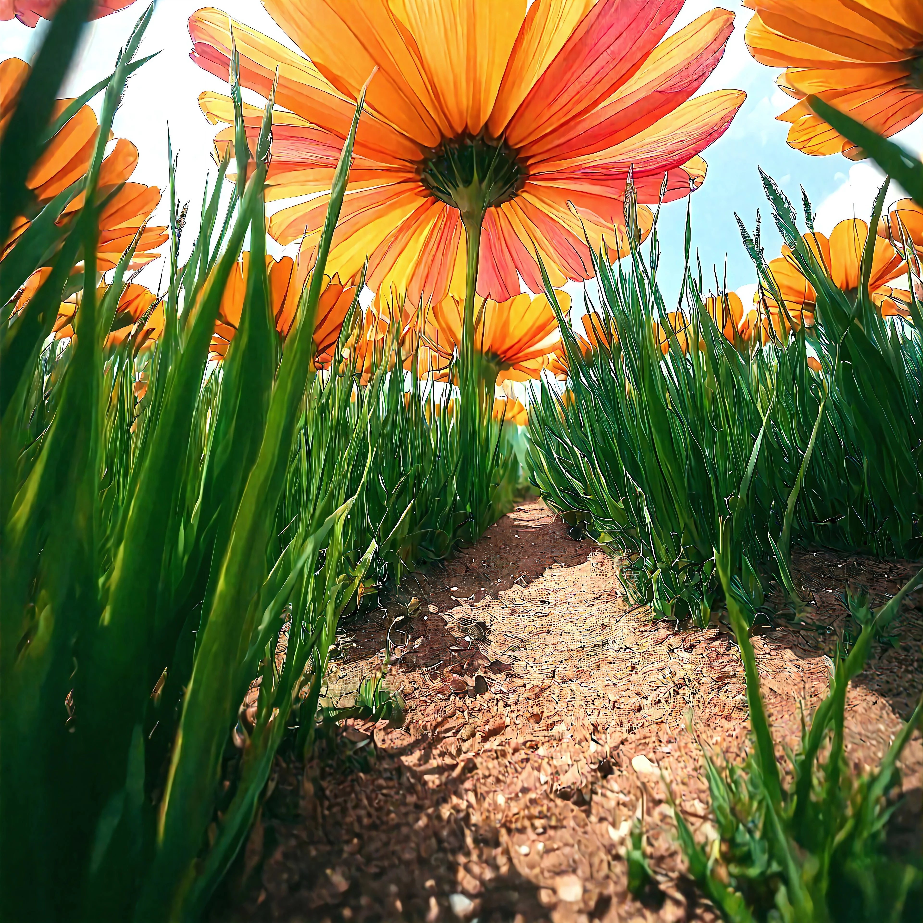 anime style, flower, no humans, outdoors, scenery, field, plant, orange flower, still life, day, grass, MgtinyWrld_flwr