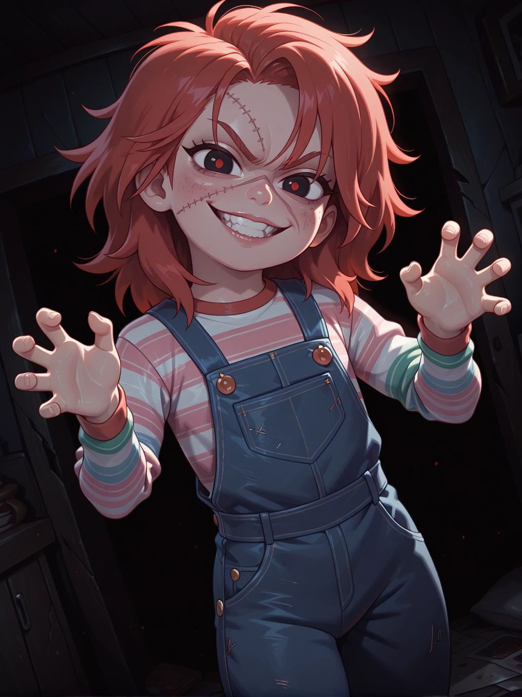 highres, hi res, best quality, masterpiece, 
1boy, (ChuckyXLP:1.1), red hair, striped shirt, overalls, scar on face, striped, stitches, striped sleeves,
evil smile, dutch angle, evil pose, looking at viewer, dark room, horror \(theme\), solo, dynamic pose, cowboy shot, head tilt, hands up, from side,
<lora:ChuckyXLP_character:0.75>,,  <lora:[Kajin-man] Artist Style IllustriousXL:1>