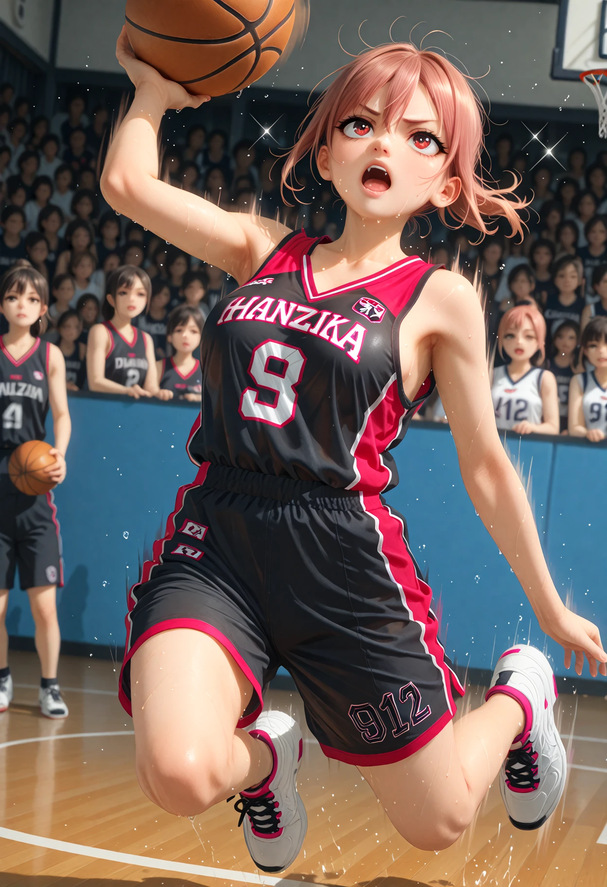 masterpiece,best quality,amazing quality,absurdres,aesthetic,newest, honoka \(doaxvv\), red eyes, pink hair,v-shaped_eyebrows, short ponytail, asymmetrical bangs, hair between eyes, jumping, looking up,open mouth, holding basketball, basketball uniform, black shirt, black shorts, sparkle, sportswear,sweat glistening, sweat droplets, dynamic motion blur, <lora:doa_honoka_rouwei07_vpred_v10:1.0000000000000002>