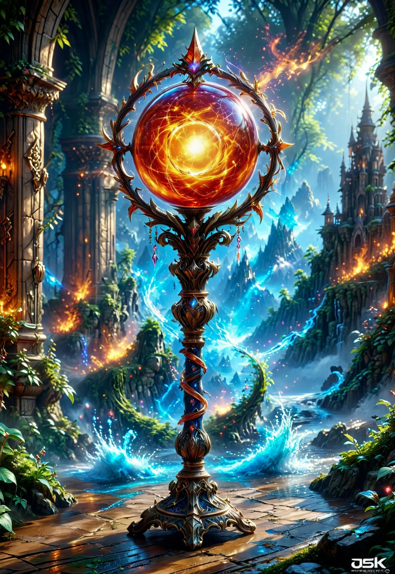 orb staff, Orbstaff Weapon, fantasy Orbstaff Weapon, science-fiction Orbstaff Weapon, Orbstaff Weapon aesthetic, elegant, majestic, detailed, ultra realistic, masterpiece, high detailed skin, high definition, high quality, anime cgi, detailed matte painting, deep color, fantastical, intricate detail, splash screen, complementary colors, fantasy concept art, 8k resolution, Unreal Engine 5