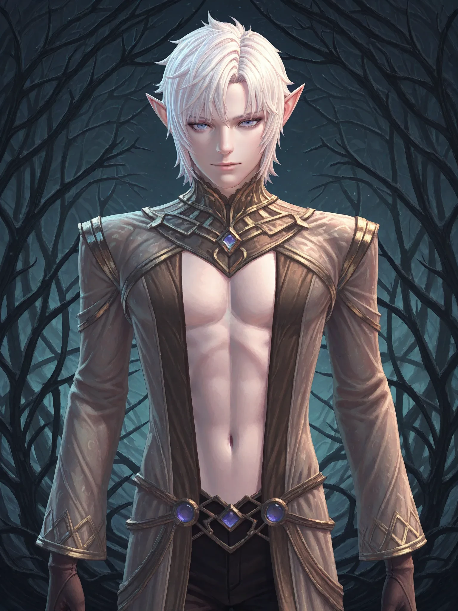handsome young drow elf wearing jockstrap, very short hair, pointy ears, gray skin, cavern background with spiders