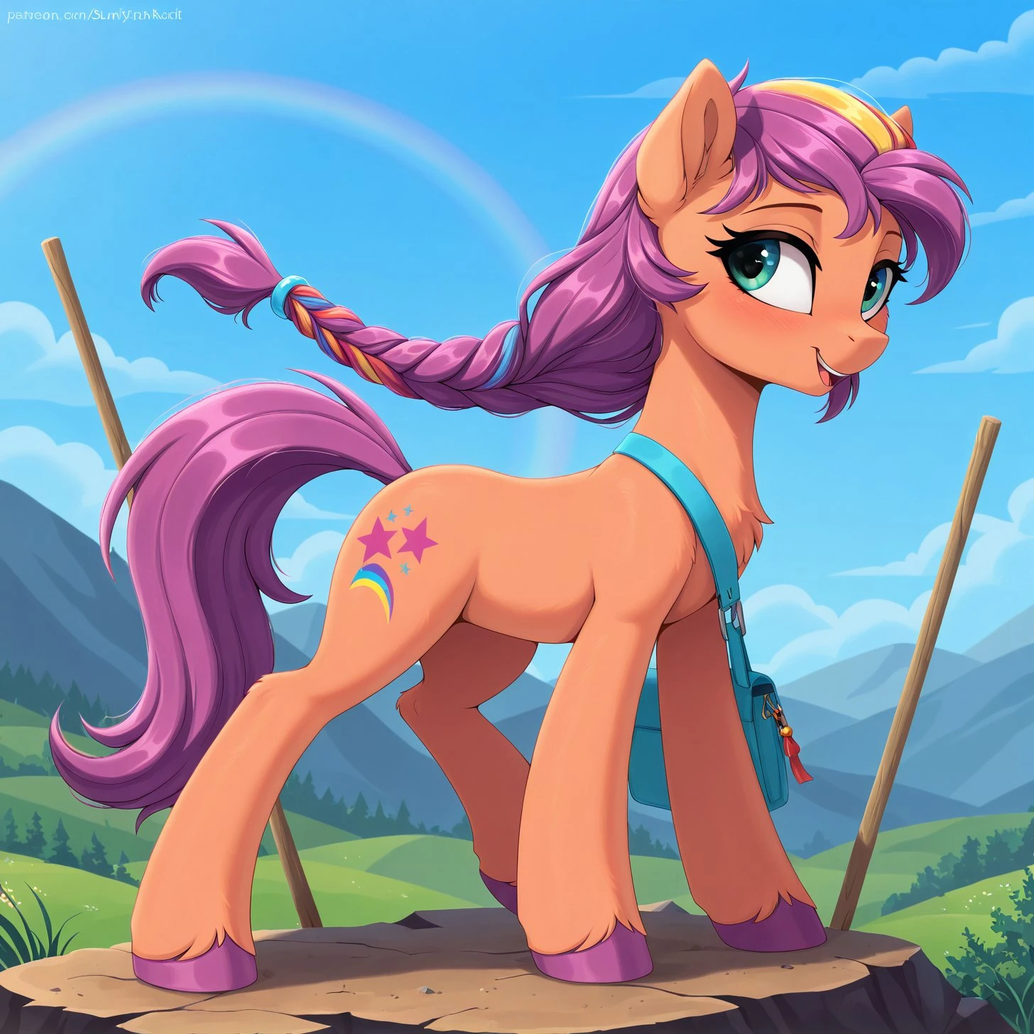 resolution, masterpiece, high resolution, (SOLO: 1.2), wild, detailed background,
,solo plain background, , solo,, mountains, landscape, sky, double oar, one hoof on a stone, <lora:Sunny starscout:1>Sunny Starscout,pony, earth pony, green eyes, body peach skin tone, pony wears a blue shoulder bag, mane and tail are purple, with bright rainbow stripes on the top of the mane and in the tail. The tail is braided.