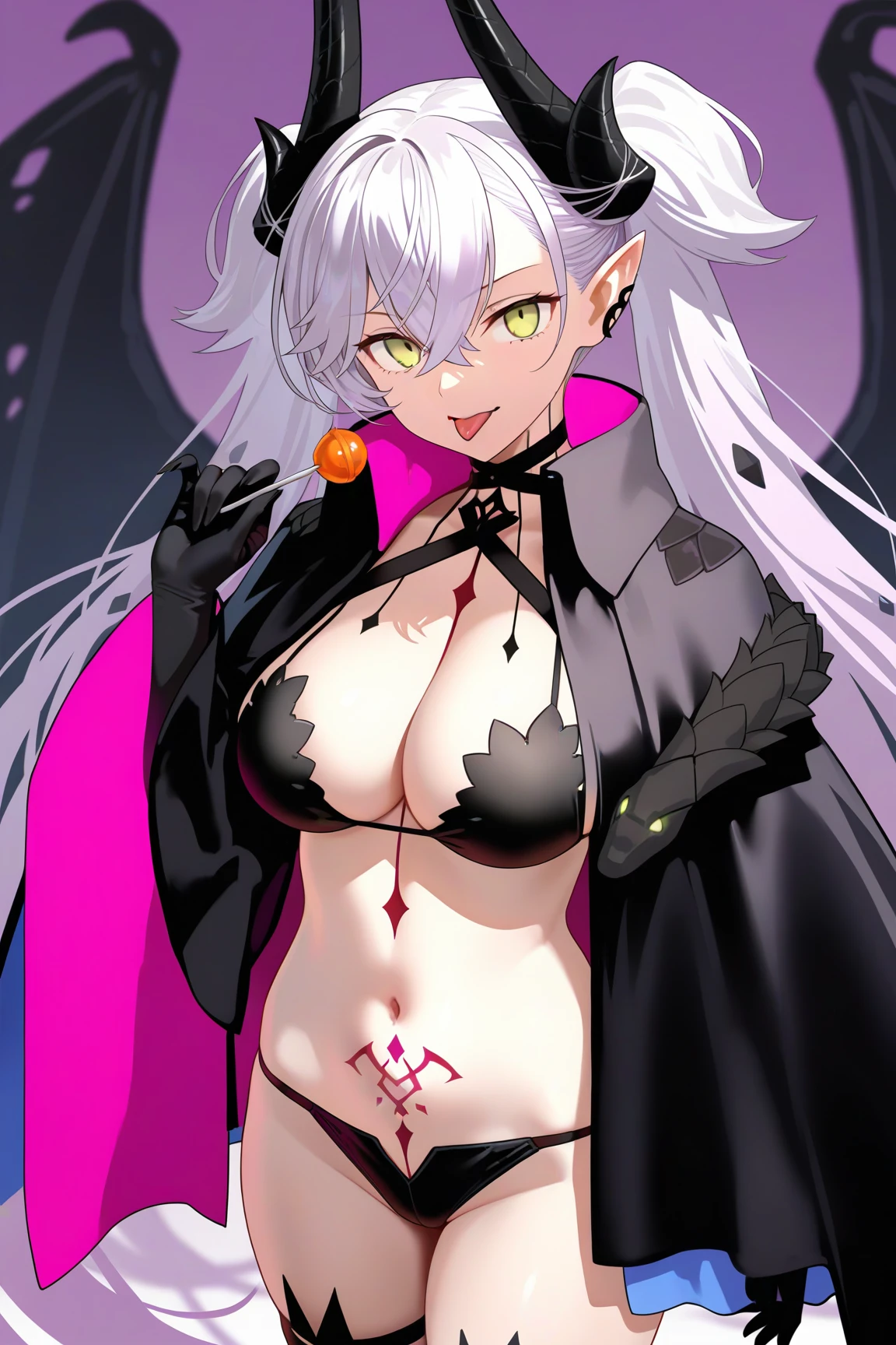 nsfw,Bat girl,White hair,red eyes,duo,Cleavage, fang vampire,Black Cape,spread arms,masterpiece, best quality, very aesthetic, absurdres masterpiece, best quality, very aesthetic, absurdres masterpiece, best quality, very aesthetic, absurdres,looking at viewer,nude,Naked cloak,light skin