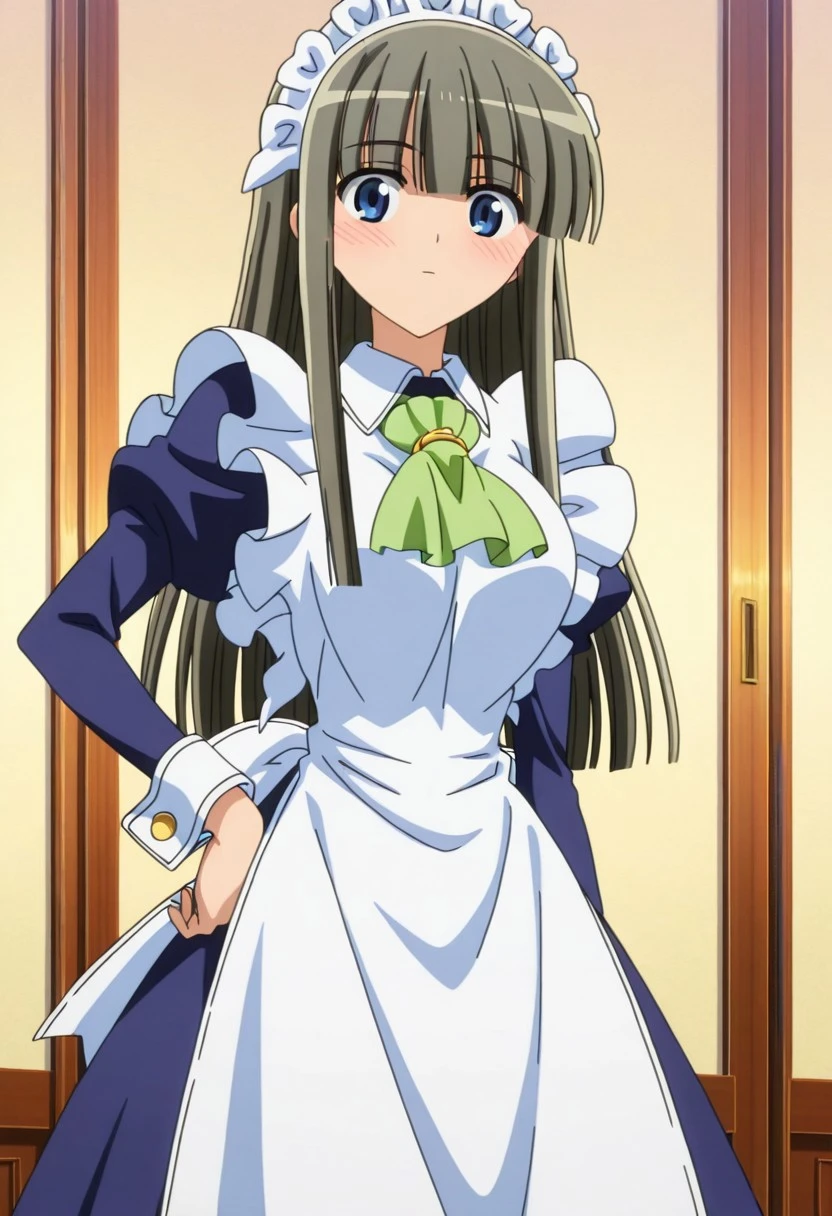 official art, detailed anime, finetuneanime,anime screencap, ultra detailed anime art, anime screencap, screencap, score_9, score_8_up, score_7_up, masterpiece, anime coloring, source_anime, cowboy shot, standing, Fubuki Maid, 1hand on hip, 1girl, solo, maid, maid headdress, blue eyes, blush, maid, green ascot, jewelry tie, sidelocks, long hair, large breast, curvy, large hips, pantyhose, shoes, cinnamon gray hair, sidelocks apron, blue dress, white pantyhose, blunt bangs, white patent cuffs, long sleeves, frills, juliet sleeves, maid apron, mary janes, very long hair, puffy sleeves, hair over eyes