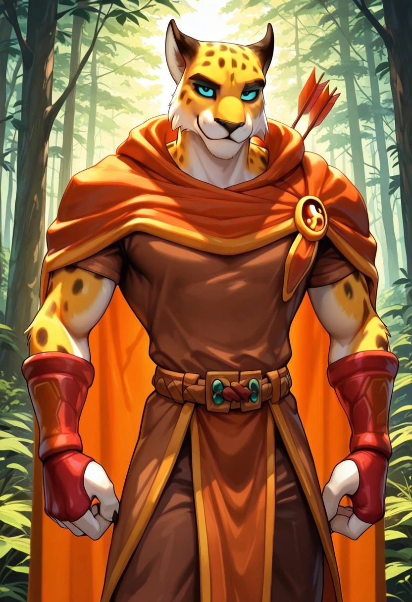 masterpiece, best quality, amazing quality, very aesthetic, absurdres, newest, high quality, detailed, HunterSpyro, 1boy, solo male, cheetah, anthro, mature male, broad shoulders, black eyes, blue sclera, animal ears, athletic build, yellow body, light underbelly, spots, brown shirt, red cloak, red gauntlets, bow and arrow, looking at viewer, smiling, outdoors, forest, standing, dark brown pants, volumetric lighting