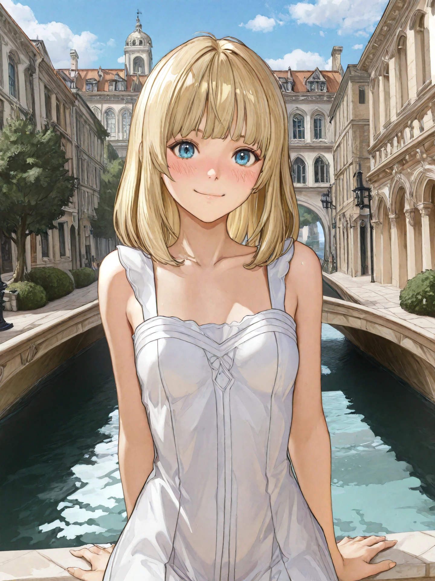 <lora:Lunafrena_L_0R:0.7>, <lora:CC_Aesthetic_Masterpiece_1:1>
<lora:ST_Hidari_Atelier_0R:0.9>, hirdariatelier
lunafrena-l, blue eyes, blonde hair, medium hair, bangs, small breasts
white dress, sleeveless
masterpiece, best quality, amazing quality, very aesthetic, absurdres, highres, detailed background, anime style
1girl, (detailed eyes:1.2), (detailed face:1.2), detailed skin
facing viewer, looking at viewer, dynamic pose, blush, smile
(outdoors, fantasy, venice, italian architecture, town, canal, tree, bush)