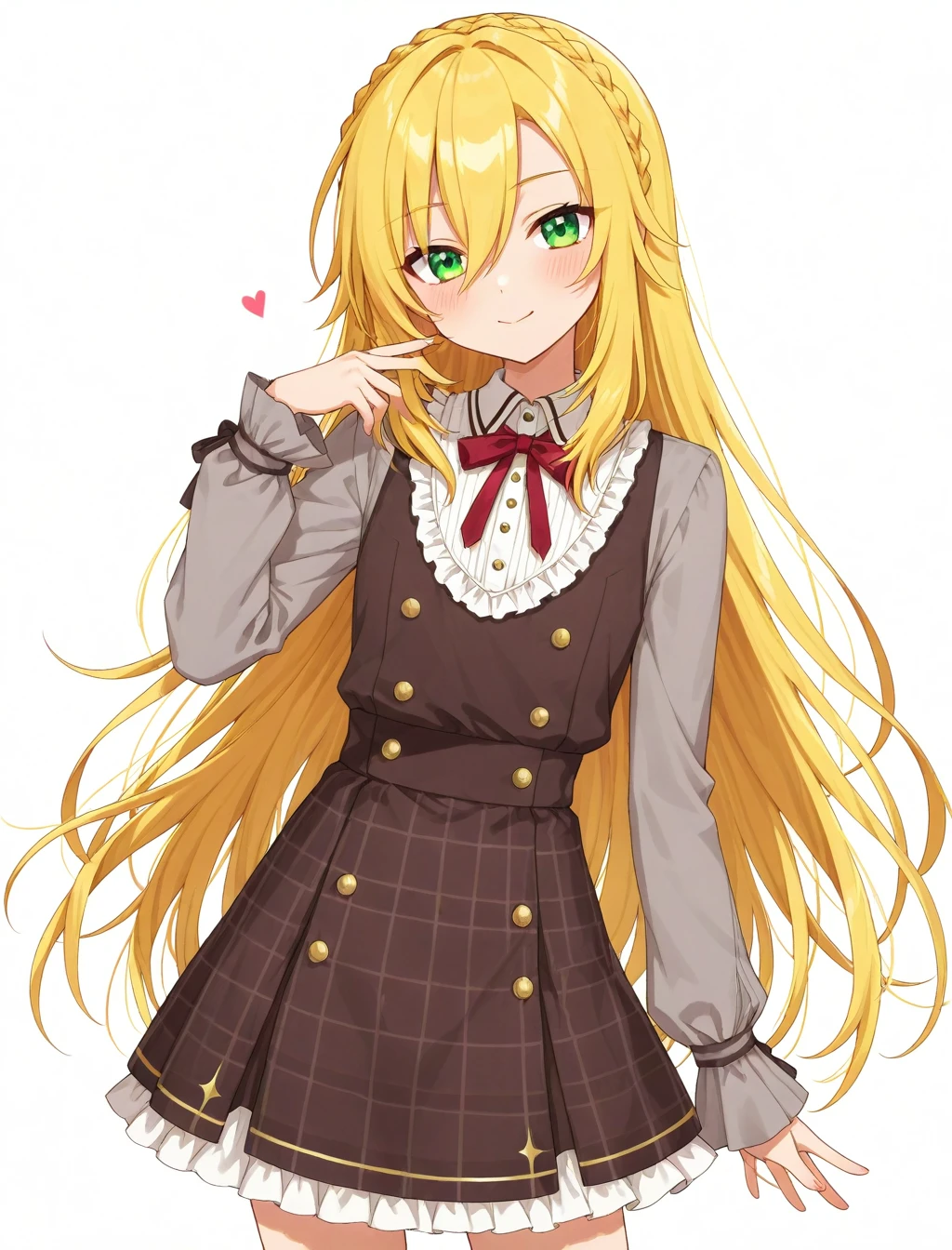 masterpiece, best quality, 1girl, solo, Loli, bangs, long hair, blonde hair, blue eyes, smug, smile, small breasts, white blouse, red bow, black skirt, , looking at viewer