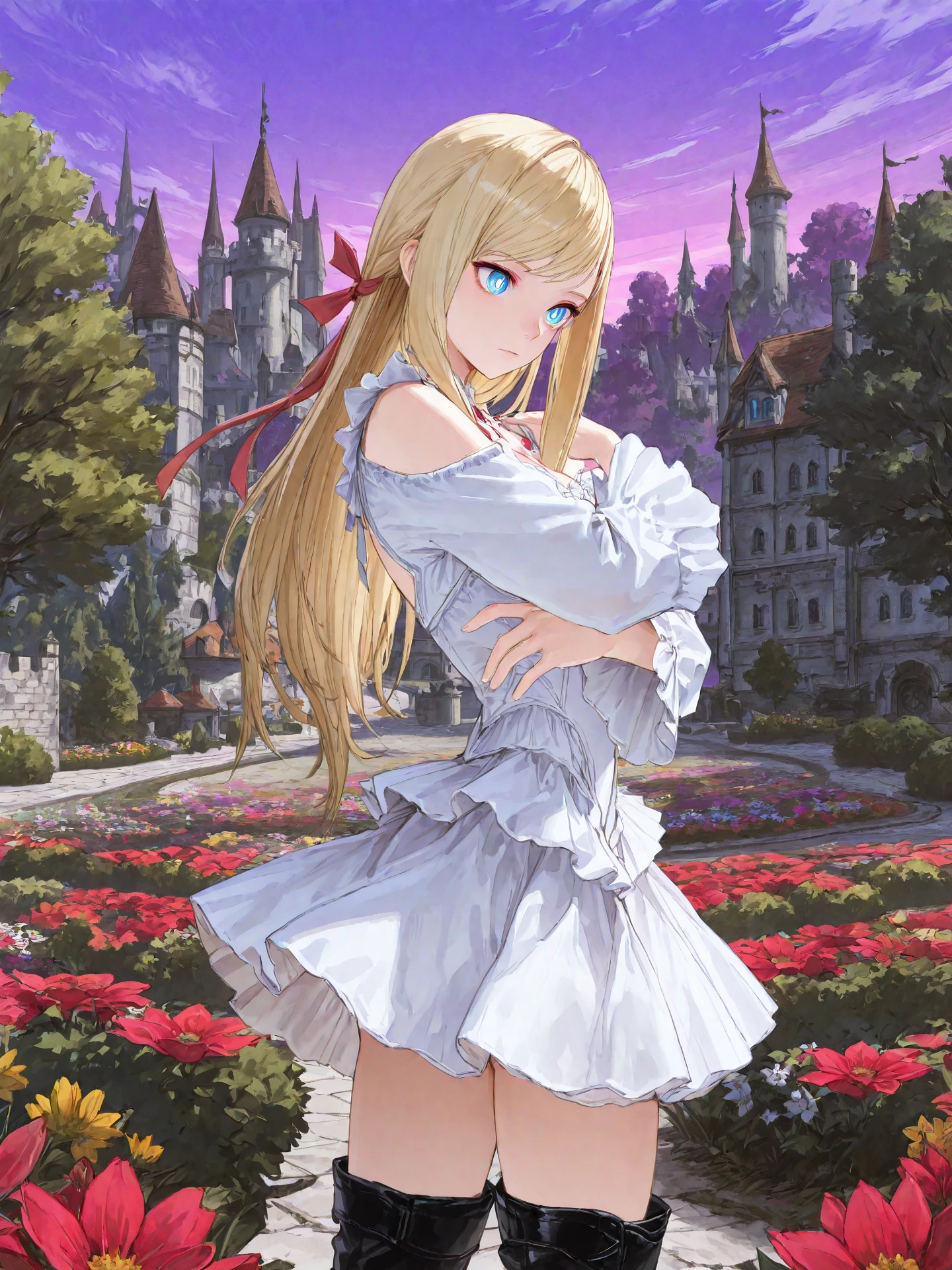 <lora:Minfilia_0R:0.7>, minfiliaffxiv, <lora:CC_Aesthetic_Masterpiece_1:1>
<lora:ST_Kishida_Mel_Atelier_0R:0.9>, kishidamel
blue eyes, bright pupils, glowing eyes, blonde hair, long hair, swept bangs, sidelocks, hair ribbon, red ribbon, medium breasts
white dress, shoulder cutout, long sleeves, white skirt, black thigh boots
masterpiece, best quality, amazing quality, very aesthetic, absurdres, highres, detailed background, anime style
1girl, (detailed eyes:1.2), (detailed face:1.2), detailed skin
facing viewer, looking at viewer, dynamic pose, expressionless
(outdoors, fantasy, town, castle, tree, bush, flower bed, purple sky)