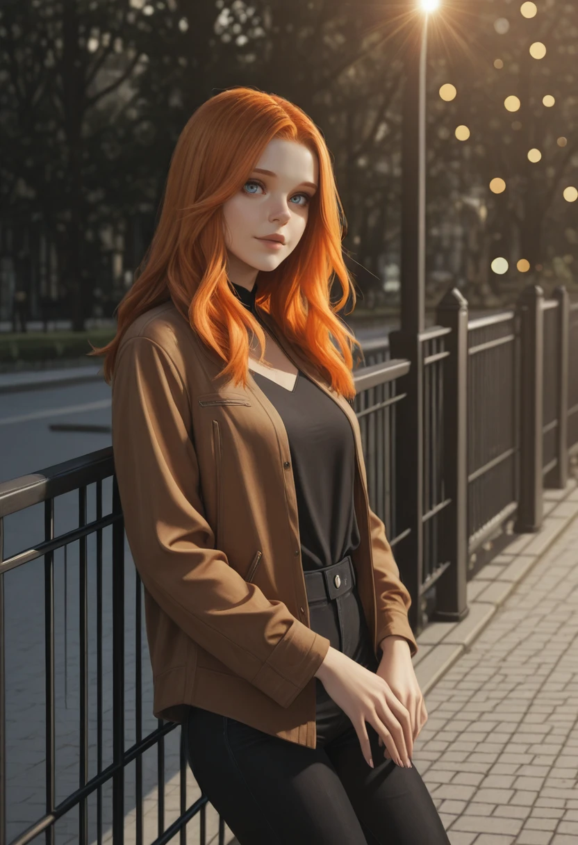 masterpiece, best quality, absurdres, highres, extremely high detail,
<lora:ILSpider2MaryJ:1.0>
Spider2MaryJ, 1girl, orange hair, long hair, blue eyes, looking at viewer, leaning against a fence, on the sidewalk, anamorphic bokeh and lens flares, fashion photography