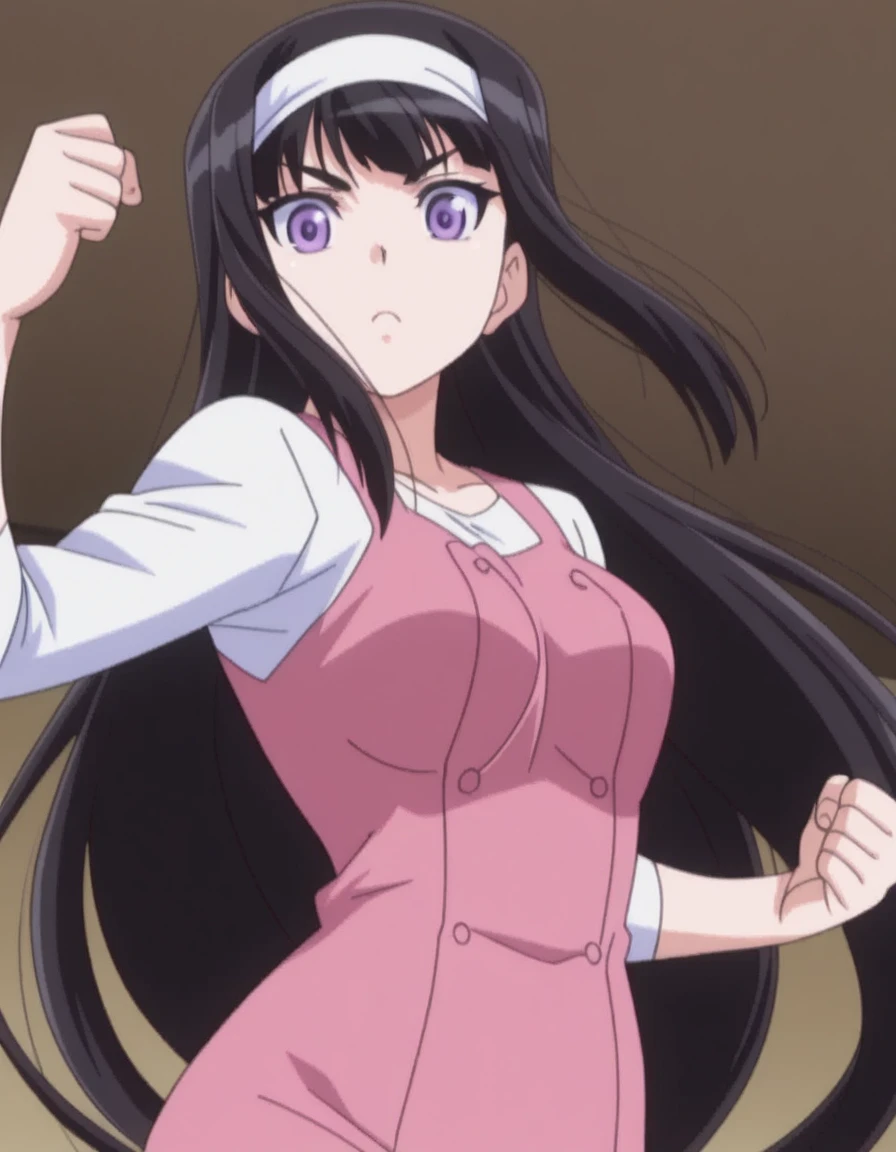 masterpiece, best quality, amazing quality,, <lora:midori-byakudan-ova-illustriousxl-lora-nochekaiser:1>, midori byakudan, long hair, black hair, purple eyes, mature female, medium breasts, anime screencap, <lora:dynamic-pose-illustriousxl-lora-nochekaiser:1>, dynamic pose, fighting, cowboy shot,