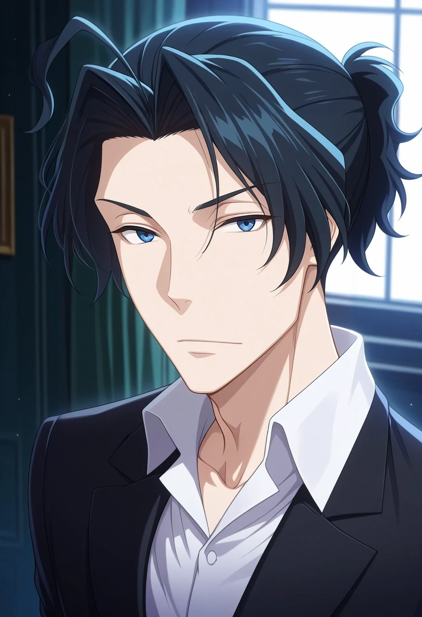 masterpiece, best quality, , , looking at viewer, 1boy, solo, male focus, <lora:sherlock_holmes_ilxl:1>, sherlock_holmes, black hair, blue eyes, short hair, ponytail, ahoge, white shirt, collared shirt, formal, suit, black jacket,