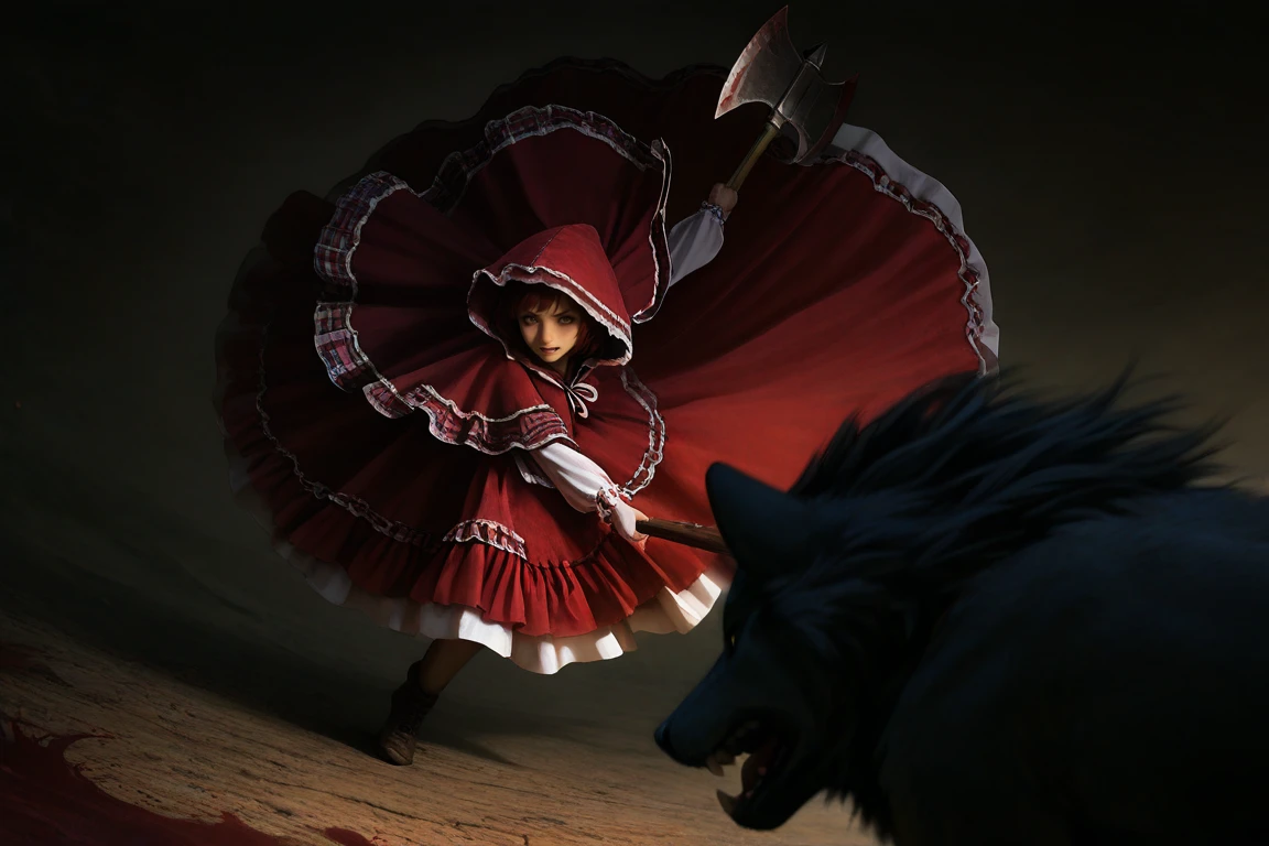 axe, attacking, wolf, dynamic_pose, motion_blur, action_lines, battle, dramatic_lighting, intense_expression, open_mouth, blood_splatter, cinematic_angle, low_angle,over_the_shoulder
,1girl,<lora:Red_hood_layered_dress:1>,,Red_hood_layered_dress,dress,red dress,long sleeves,frills,frilled dress,hood,red hood,capelet,red capelet,layered dress,, masterpiece, best quality, amazing quality, newest, <lora:chiaroscuro_illus01_2a:1.35>,chiaroscuro,dark