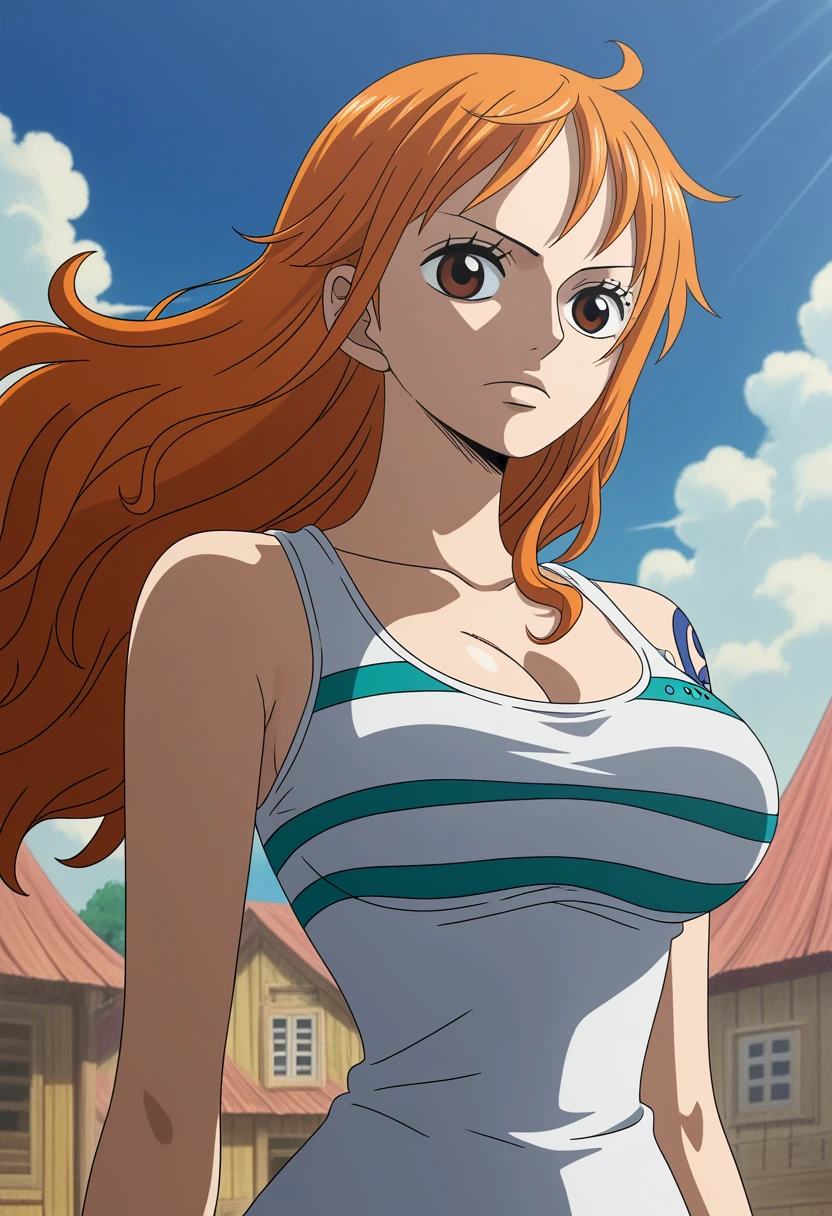 anime coloring, 1girl, nami \(one piece\), one piece, solo, upper body, looking at viewer, long hair, hair blowing in wind, tank top, village, clouds, dramatic lighting, absurdres, anime screenshot, depth
