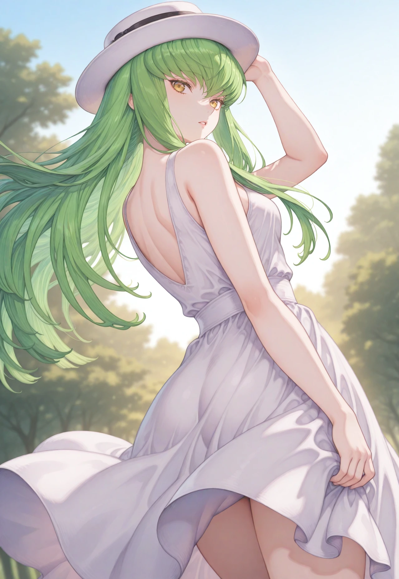 artist:haccan, 
nature, sky, outdoors, depth of field, blurry background, female focus, 
c.c., from behind, looking back, expressionless, parted lips, white dress, white hat:0.6, hand on own hat, cowboy shot, dramatic light, from below:0.1, dutch angle, 
masterpiece, perfect quality, best quality, absolutely eye-catching, absurdres, highres, newest, aesthetic,  <lora:haccan:1>
