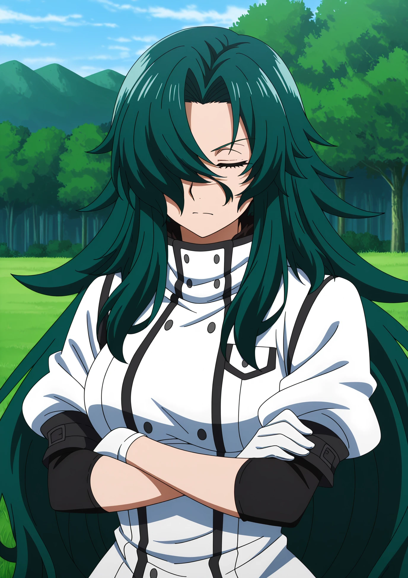 detailed background, official style,anime coloring, (anime screencap) masterpiece, detailed face,1girl <lora:Rose__:1>Rose, long hair, crossed arms, solo, gloves, green hair, hair over one eye, closed eyes, white gloves, outdoors, grass, day, upper body, very long hair, sky, tree, closed mouth, breasts