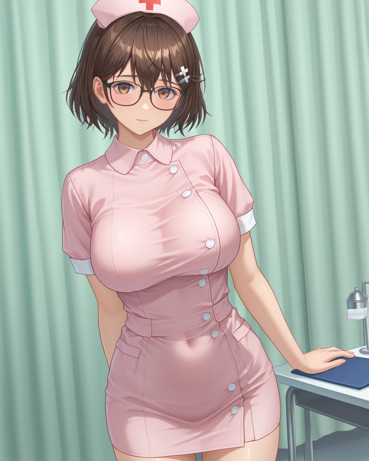 tsukushi \(doax vv\),short hair,brown eyes,large breasts,hairpin,glasses,cowboy shot,nurse,