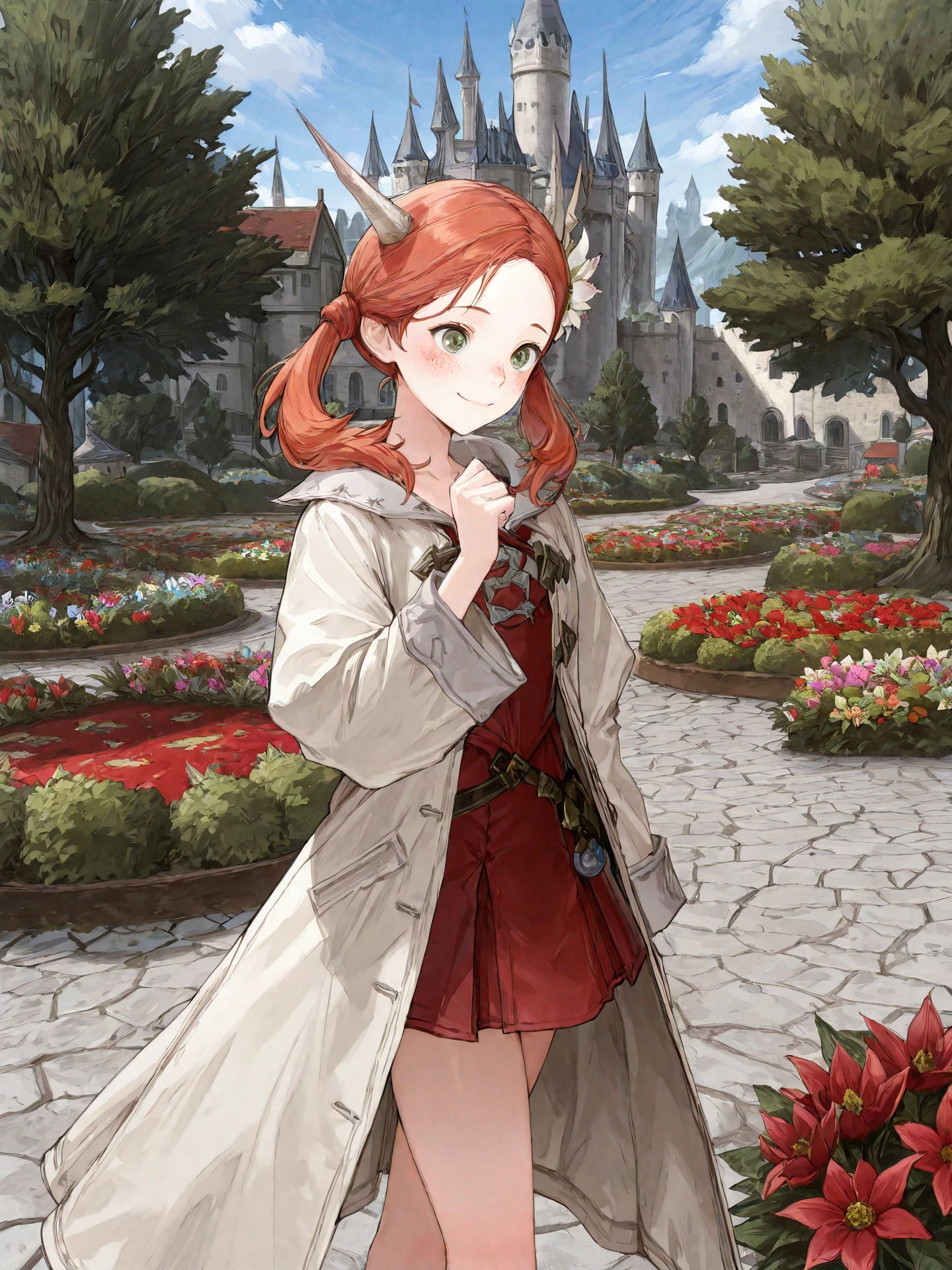 <lora:Raya-O-Senna_0R:0.7>, rayaosenna, <lora:CC_Aesthetic_Masterpiece_1:1>
<lora:ST_Kishida_Mel_Atelier_0R:0.9>, kishidamel
green eyes, red hair, twintails, horns, hair flower, freckles
white dress, long coat, red skirt
masterpiece, best quality, amazing quality, very aesthetic, absurdres, highres, detailed background, anime style
1girl, (detailed eyes:1.2), (detailed face:1.2), detailed skin
facing viewer, looking at viewer, dynamic pose, blush, smile
(outdoors, fantasy, town, castle, tree, bush, flower bed)