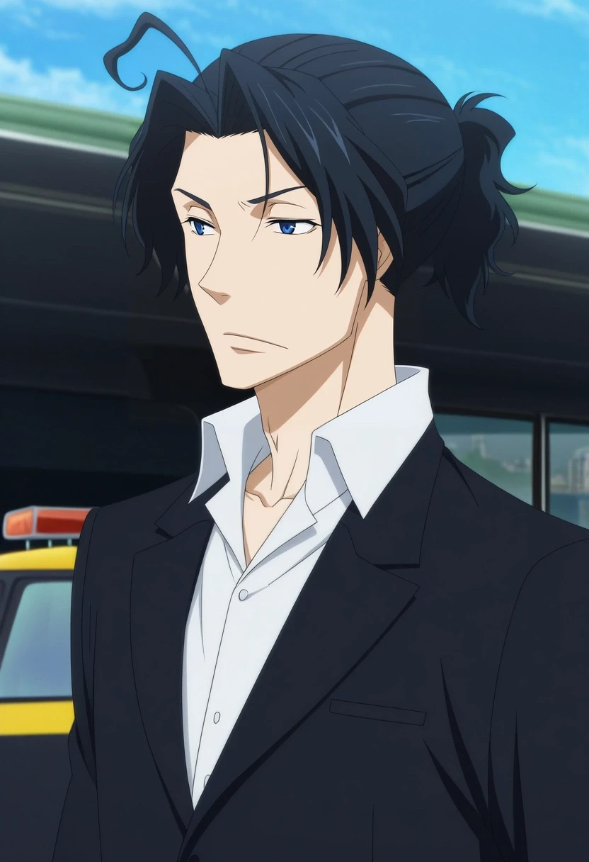 masterpiece, best quality, , anime screencap, anime coloring, official style,, 1boy, solo, male focus, <lora:sherlock_holmes_ilxl:0.96>, sherlock_holmes, black hair, blue eyes, short hair, ponytail, ahoge, , , taxi driver costume