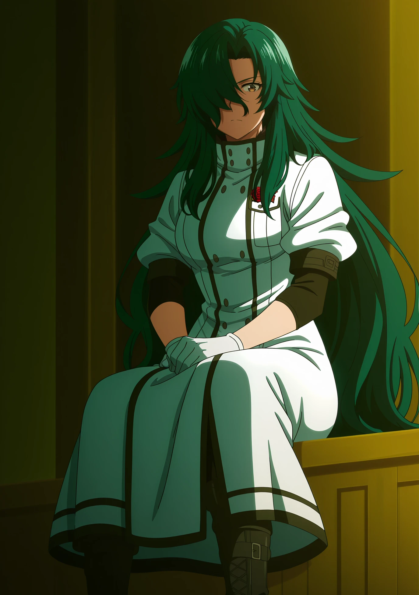 volumetric lighting, official style, amazing quality, ultra detailed, highres, detailed background,anime coloring, (anime screencap) masterpiece, detailed face,1girl <lora:Rose__:0.9>Rose, long hair, gloves, green hair, hair over one eye, white gloves, boots, solo, uniform, looking at viewer, brown eyes, very long hair, sitting, coat
