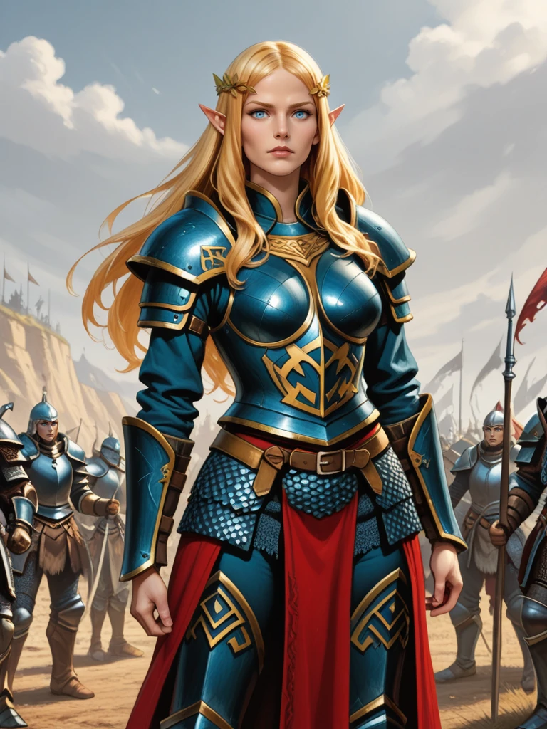 <lora:Laurana_Kanan__Dragonlance:0.7>
laurana,, long hair, blonde hair, pointed ears, blue eyes
armor, ggen,
standing on a fantasy battlefield, victorious