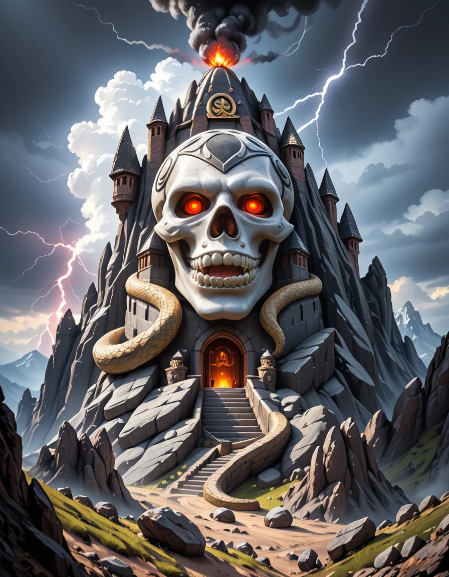A dramatic, photorealistic view of Snake Mountain, the dark fortress of Skeletor, rising ominously from a barren, jagged landscape under a storm-filled sky. The mountain is twisted and grotesque, with serpent-like architecture coiling around its spires, and a massive demonic skull carved into the rock face serving as its entrance. Glowing red eyes peer from the skull's sockets, and dark smoke billows from vents in the stone. Thunder cracks in the distance, casting sharp flashes of light across the obsidian peaks and shadowed valleys below. The entire scene radiates menace, power, and ancient dark magic.Snake M0unt41n, <lora:Snake_M0unt41n-p:1>,score_9, score_8_up, score_7_up,amazing quality, ultra realistic, 3D, HD, best quality, amazing quality, very aesthetic, absurdres