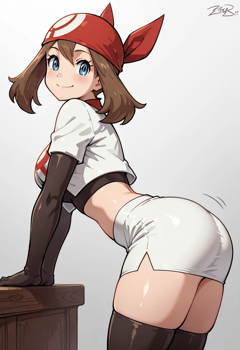 masterpiece, best quality, solo, curvy, beautiful eyes, zzMayRocket, blue eyes, brown hair, medium hair, ,red bandana, cropped jacket, short sleeves, black elbow gloves, logo, white skirt, thigh boots, <lora:MayTeamRocketPokemon_IXL:1.0>, side view, ass, leaning forward, cowboy shot, smile, looking at viewer, shiny skin,