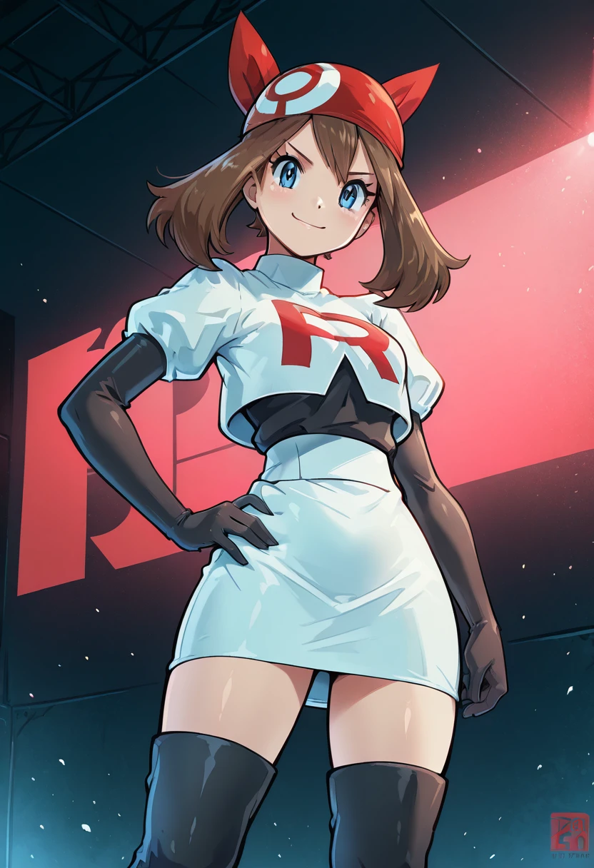 masterpiece, best quality, 1girl, solo, eyelashes, (beautiful eyes), smile, looking at viewer,    zzMayRocket, red bandana, confident stage pose, dramatic lighting, cropped Rocket jacket, white skirt, thigh boots, hand on hip, holographic Rocket logo behind her. On a dark stage lit by lasers and defiance, zzMayRocket wows the crowd with her rebellious charm and commanding performance.  <lora:MayTeamRocketPokemon_IXL:1.0>,