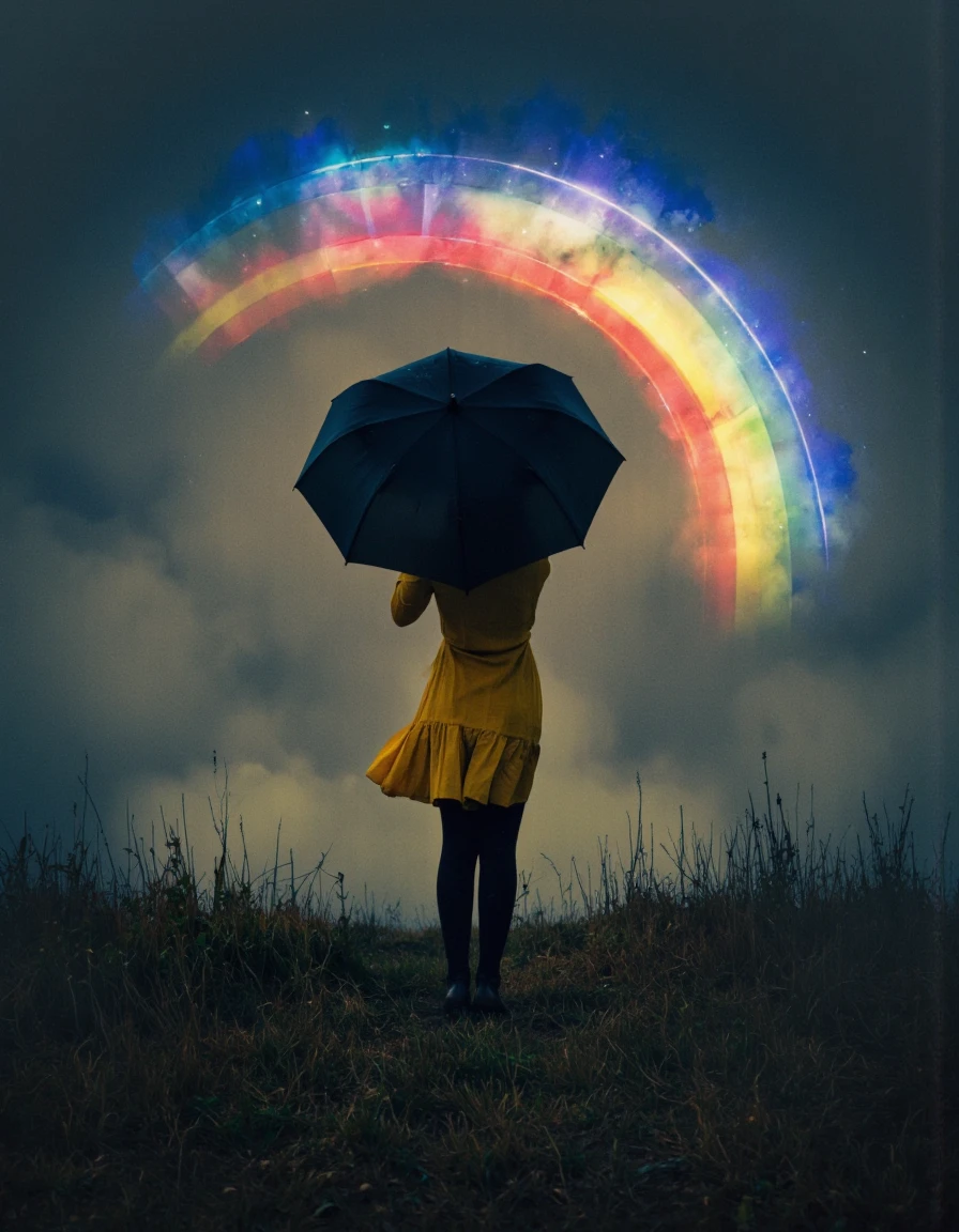 Art by Brooke Shaden. A photo-realistic shoot from behind about a mysterious figure holding a black umbrella, standing in front of a large, glowing rainbow archway. the image also shows a person in the middle of the frame, with their back to the viewer, facing away from the camera. the person is wearing a yellow dress and black tights, and is holding a large black umbrella over their head. they are standing in a grassy field, with a foggy, misty atmosphere surrounding them. in the background, the large, colorful rainbow arch is visible, with streaks of light emanating from it, creating a dramatic effect. the overall mood of the image is dark and moody, with an eerie atmosphere.
