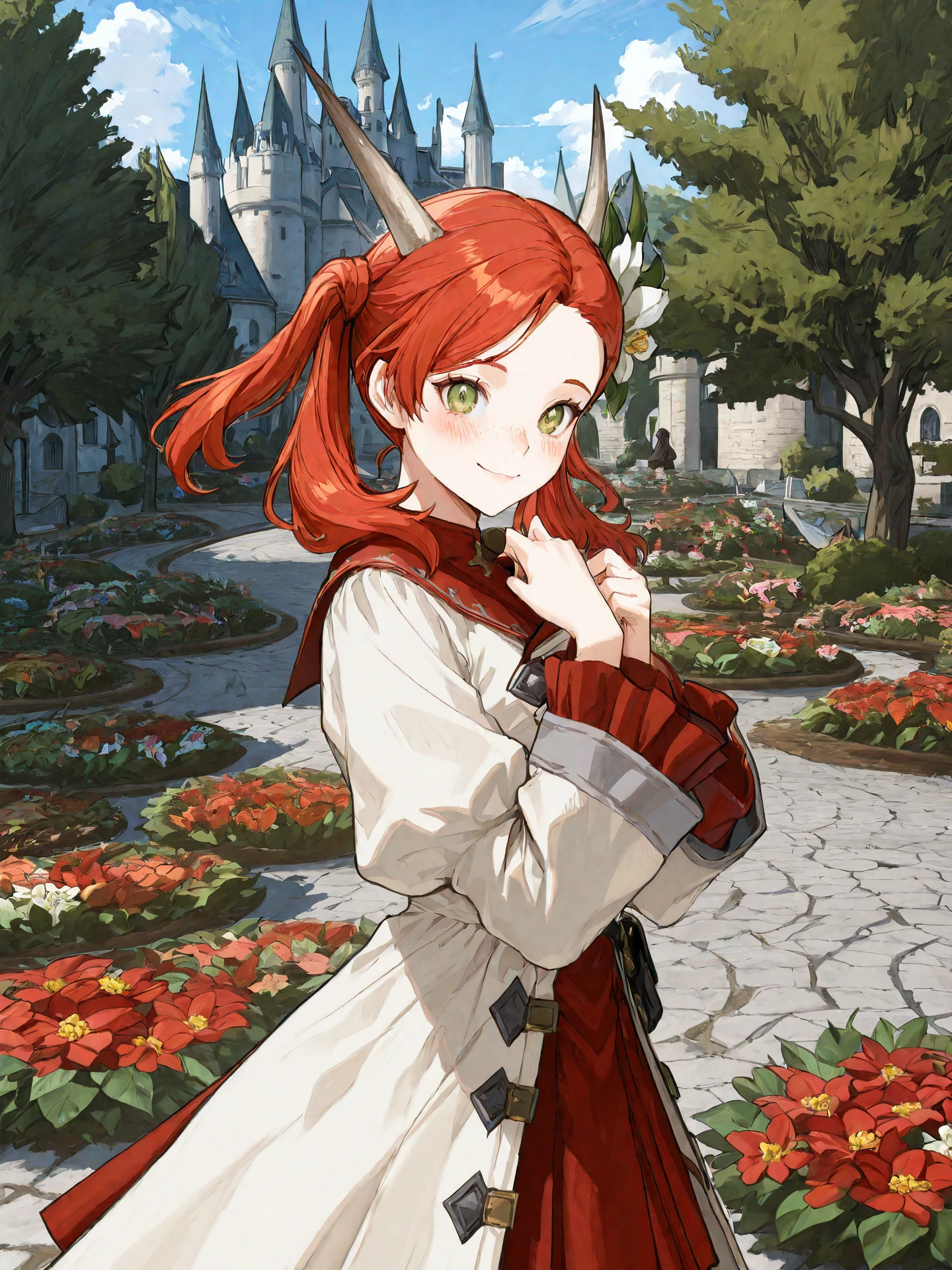 <lora:Raya-O-Senna_0R:0.7>, rayaosenna, <lora:CC_Aesthetic_Masterpiece_1:1>
<lora:ST_Sailor_Moon_Crystal_0R:0.9>, bsssmstyle
green eyes, red hair, twintails, horns, hair flower, freckles
white dress, long coat, red skirt
masterpiece, best quality, amazing quality, very aesthetic, absurdres, highres, detailed background, anime style
1girl, (detailed eyes:1.2), (detailed face:1.2), detailed skin
facing viewer, looking at viewer, dynamic pose, blush, smile
(outdoors, fantasy, town, castle, tree, bush, flower bed)