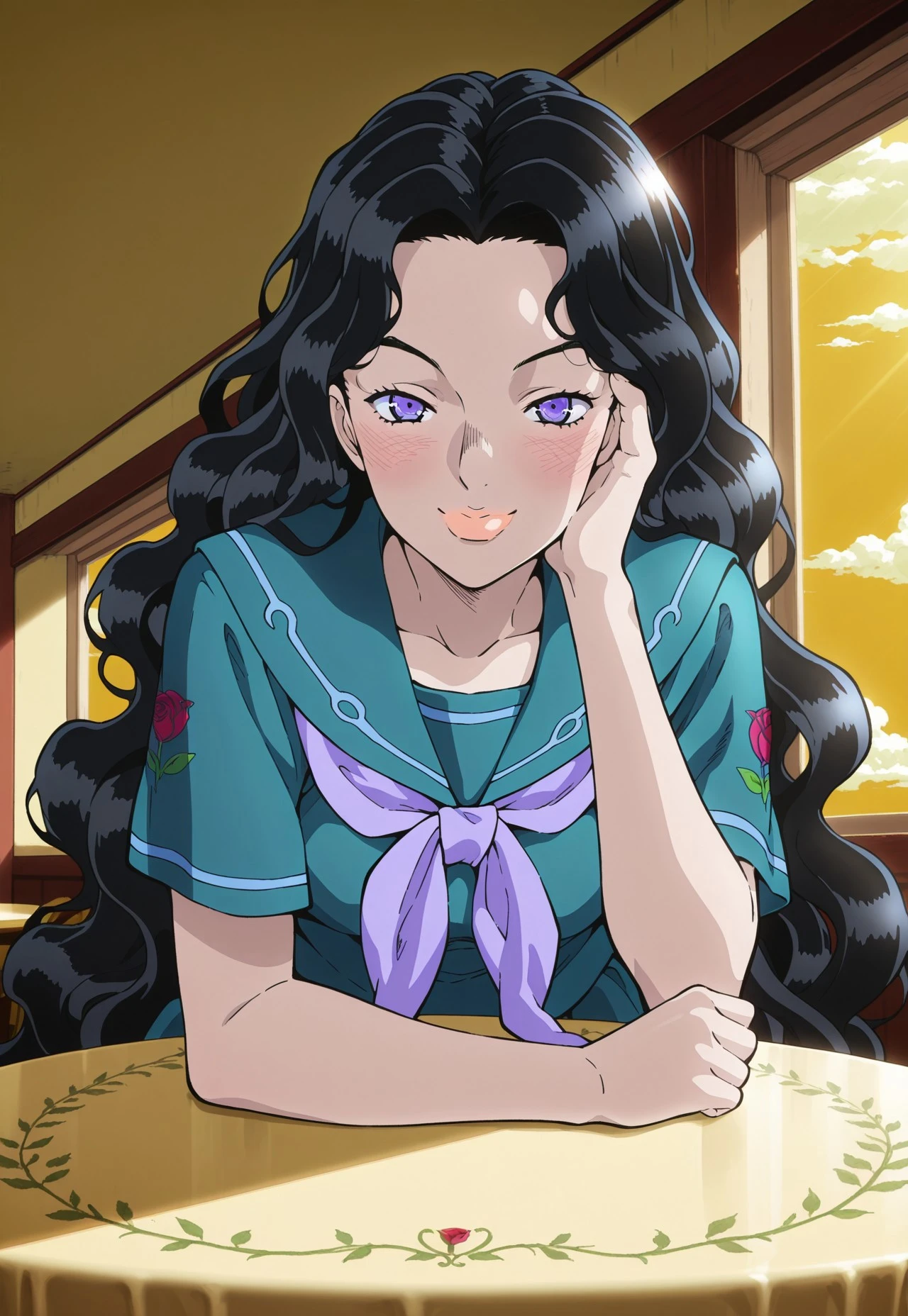 (masterpiece, amazing quality, best quality, highres, ultra-detailed,very aesthetic,best hands, anime coloring,detailed),very aesthetic, illustration, perfect composition, intricate details, absurdres, incredibly absurdres,(((1girl,solo,YukakoYamagishi, Black Hair, Long Hair, Wavy Hair, Purple Eyes, Arched Eyebrows, Lips,Teal Serafuku, Rose Sleeve Imprint, Lavender Bow,perfect face,detailed eyes))),upper body,hand on face,looking at viewer,indoors,sitting at table,dining room,window,sunlight,yellow sky,clouds,smile,blush