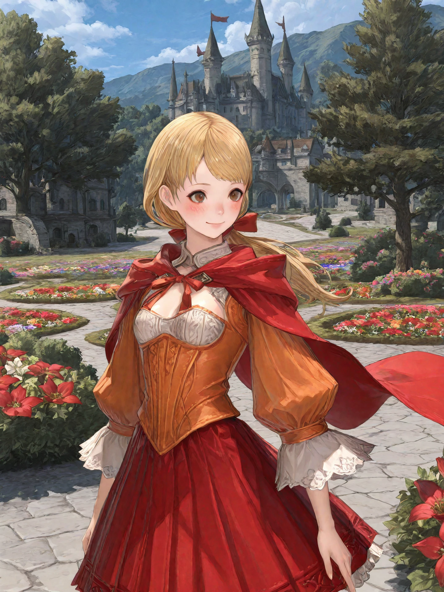 <lora:Alma_Beoulve_FFXIV_0R:0.7>, alma_ffxiv, <lora:CC_Aesthetic_Masterpiece_1:1>
<lora:ST_Kishida_Mel_Atelier_0R:0.7>, kishidamel
brown eyes, blonde hair, long hair, low ponytail, swept bangs, hair ribbon, red ribbon, small breasts
orange dress, red cape, long sleeves, red skirt
masterpiece, best quality, amazing quality, very aesthetic, absurdres, highres, detailed background, anime style
1girl, (detailed eyes:1.2), (detailed face:1.2), detailed skin
facing viewer, looking at viewer, dynamic pose, blush, smile
(outdoors, fantasy, town, castle, tree, bush, flower bed)