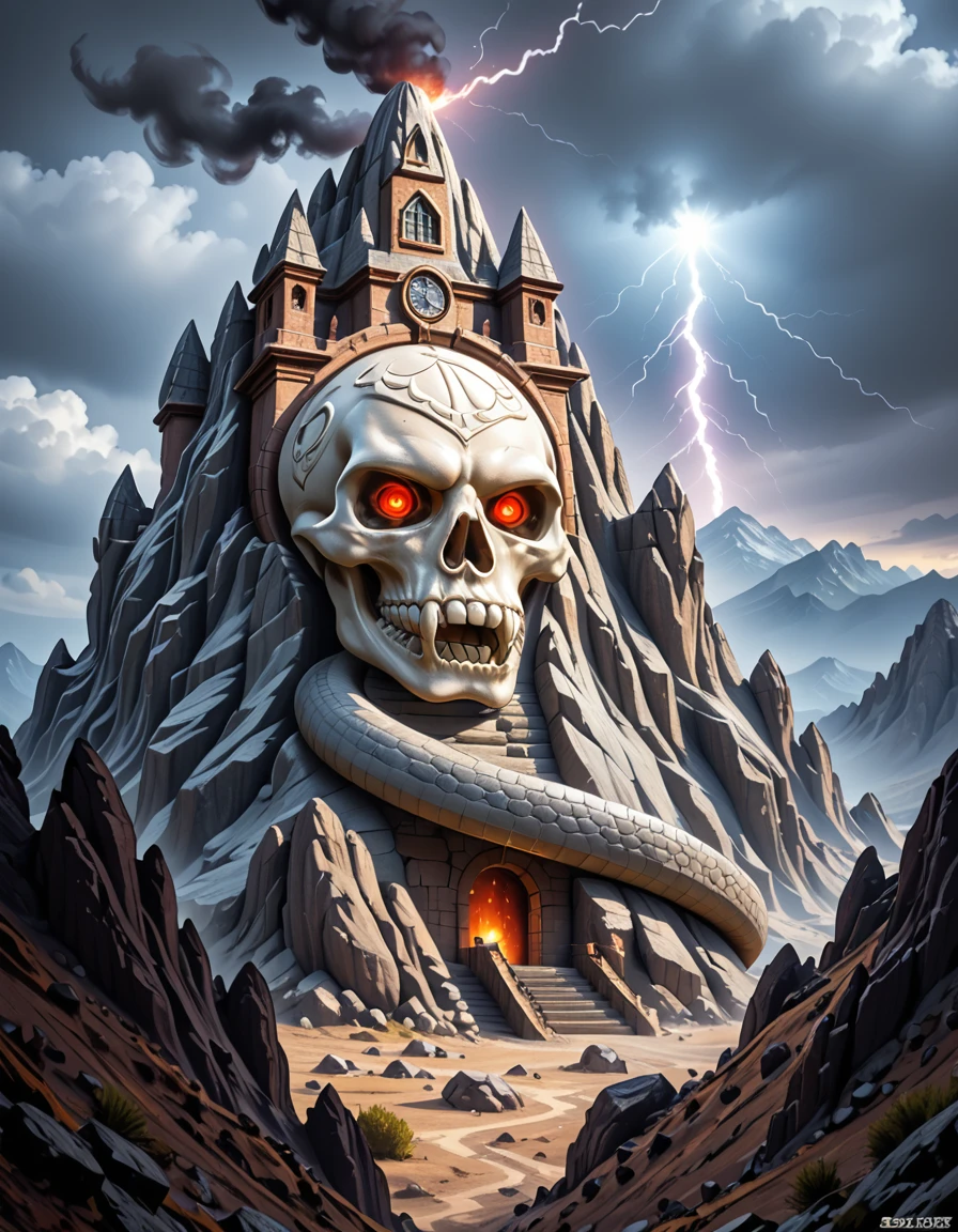 A dramatic, photorealistic view of Snake Mountain, the dark fortress of Skeletor, rising ominously from a barren, jagged landscape under a storm-filled sky. The mountain is twisted and grotesque, with serpent-like architecture coiling around its spires, and a massive demonic skull carved into the rock face serving as its entrance. Glowing red eyes peer from the skull's sockets, and dark smoke billows from vents in the stone. Thunder cracks in the distance, casting sharp flashes of light across the obsidian peaks and shadowed valleys below. The entire scene radiates menace, power, and ancient dark magic.Snake M0unt41n, <lora:Snake_M0unt41n-p:1>,score_9, score_8_up, score_7_up,amazing quality, ultra realistic, 3D, HD, best quality, amazing quality, very aesthetic, absurdres