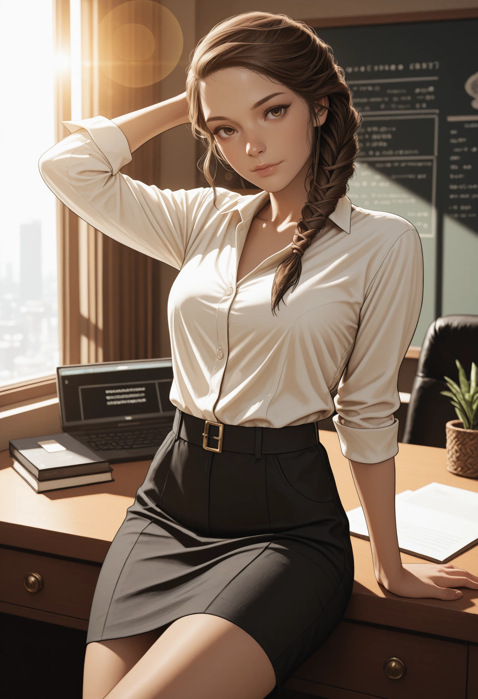 masterpiece, best quality, absurdres, highres, extremely high detail,
<lora:ILACKassandra:1.0>
ACKassandra, 1girl, brown hair, brown eyes, braid, hair over shoulder, looking at viewer, sitting at a desk, one hand behind her head, casual business outfit, discreet lens flare