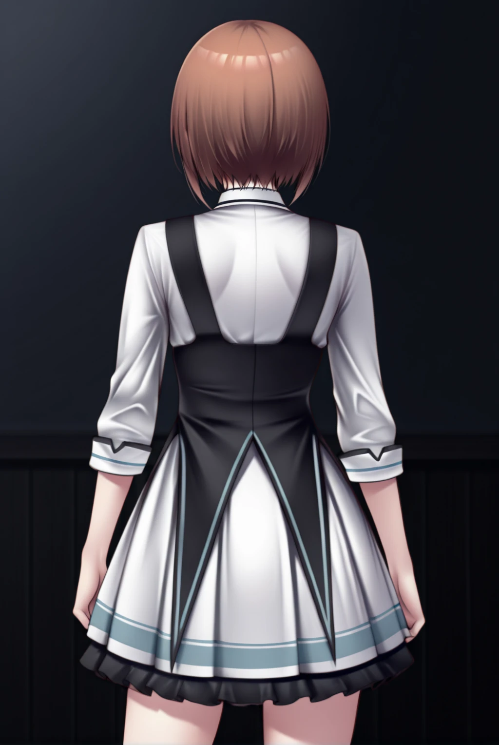 1girl,cowboy shot, <lora:KanaNebelWaitressReBornV1:1>,kanascafeoutfit dress,dark,dynamic pose, from behind,facing away,