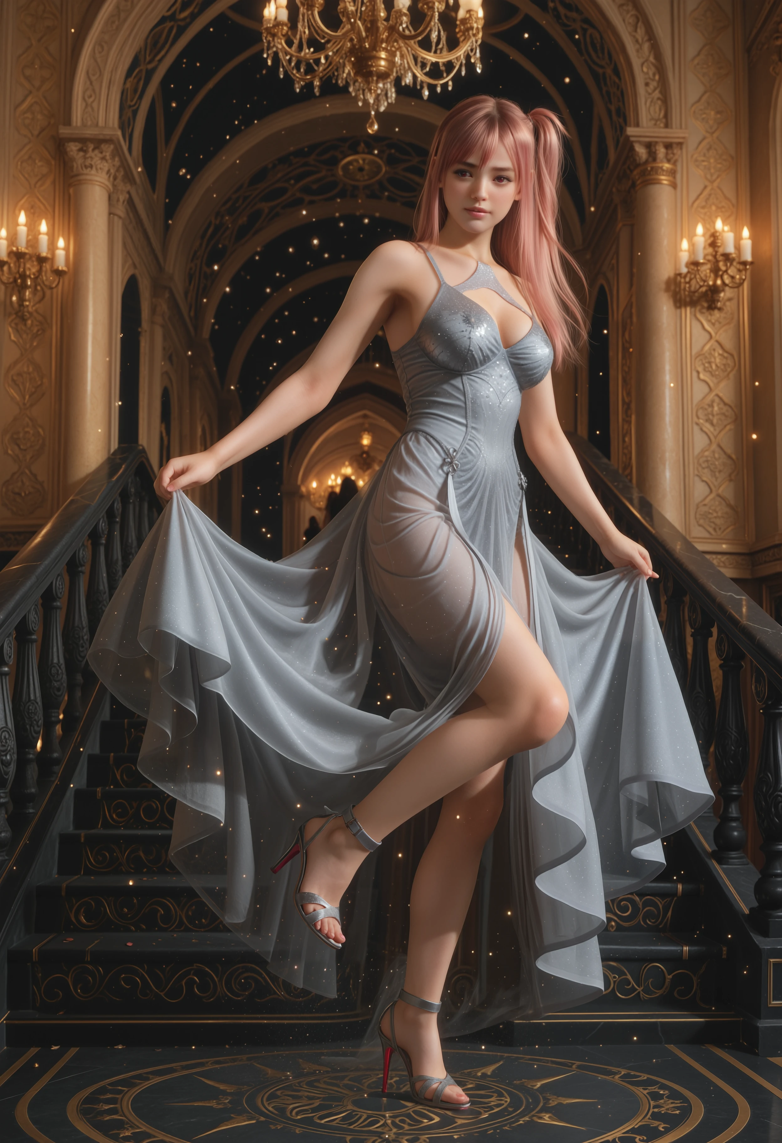 masterpiece,best quality,amazing quality,absurdres,aesthetic,newest,realistic, honoka \(doaxvv\), red eyes, pink hair,long hair, one side up, asymmetrical bangs, hair between eyes, sidelocks, windswept hair, dynamic_pose, wearing an exquisite sparkling grey ball gown,fading gwon,dropped high heels on foreground, grand palace staircase,at midnight, shimmering magical particles, from side, dramatic moonlit scene, golden palace interiors with towering arches, opulent chandeliers, a sense of urgency as the clock strikes twelve,floating fairy dust, blurred royal guards chasing romantic yet chaotic atmosphere, cinematic lighting, fairytale aesthetic, highly detailed textures, Disney-inspired style, ethereal glow, motion blur on the flowing dress <lora:doa_honoka_rouwei07_vpred_v10:1.3000000000000003>