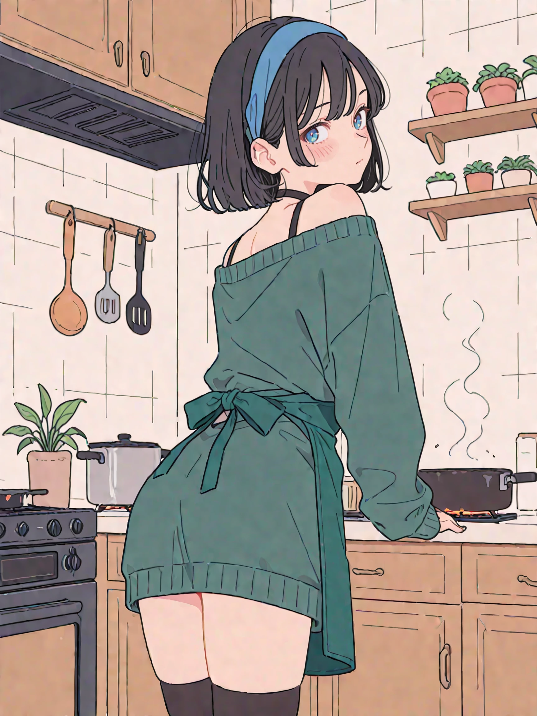 masterpiece,best quality,amazing quality,very aesthetic,absurdres, newest, anime coloring, 2d, anime style,
ruka, kanojo okarishimasu, short hair, black hair, blue hairband, blue bow, blue eyes,
detailed eyes, hair behind ear, blush, black choker, off-shoulder sweater, bare shoulders, green sweater, bare thighs, black thighhighs, green apron, kitchen, cooking, utensils on wall, stove, plants on shelf, indoors, tile wall, soft shading, muted colors, slice of life, looking back, embarrassed, looking at viewer,
Flatline, Flat vector illustration, flat color,