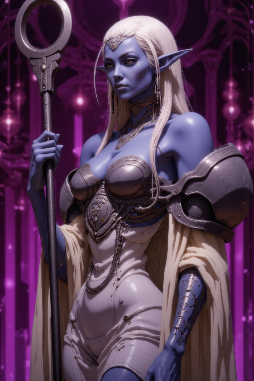 high resolution photo of a drow female with long white hair and glowing purple eyes wearing, Pr13st1y_R0b3s, while holding a staff underground. the oily black skin of her bare shoulders glows in the ethereal purplish-pink light of the city of menzoberranzan as the reflective metal of her armor glistens. The ribbed white fabric of her gown contrasts with the reflective metal of her armor