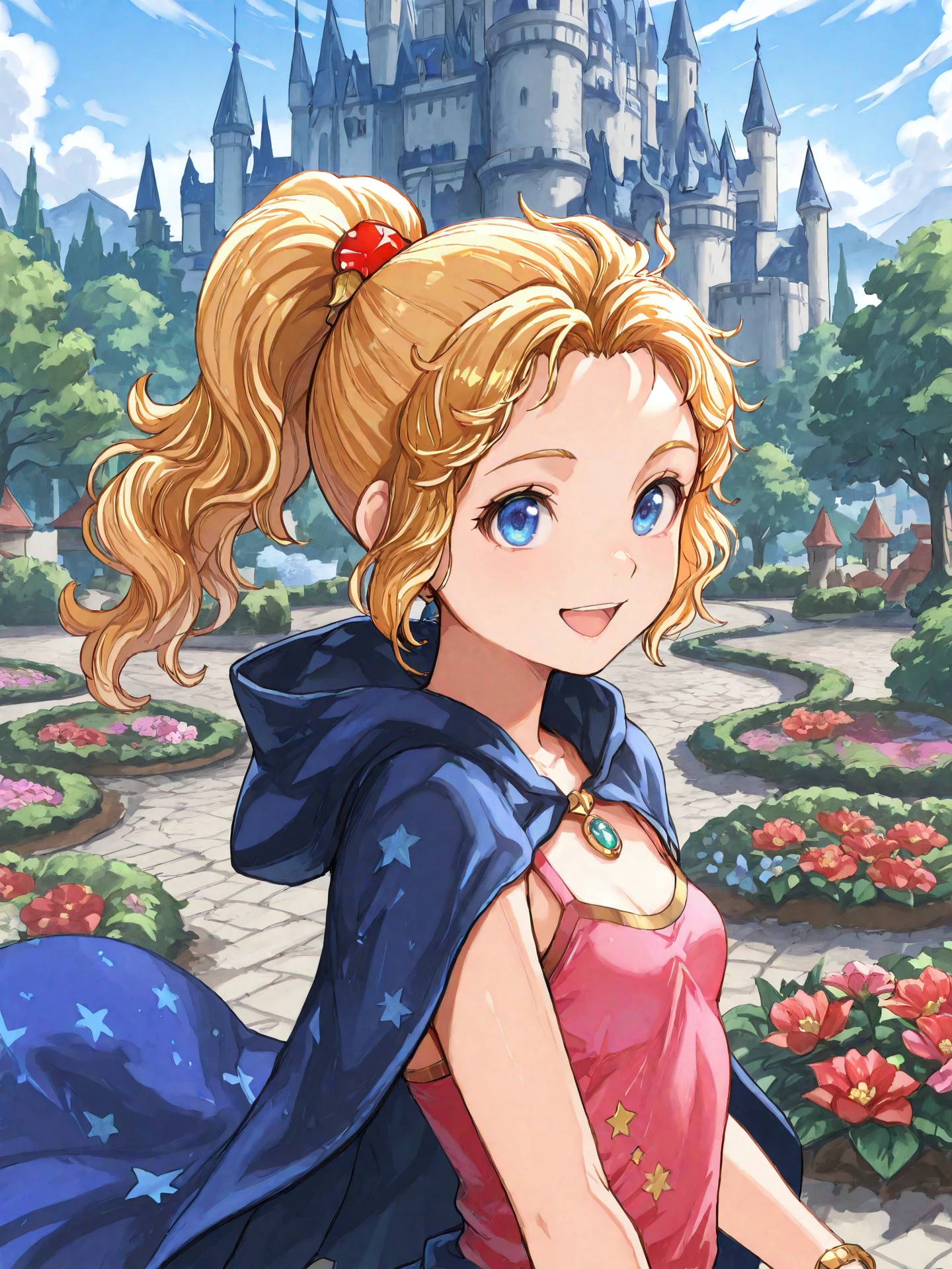 <lora:Kururu_Maia_Baldesion_0R:0.7>, kururuffv, <lora:CC_Aesthetic_Masterpiece_1:1>
<lora:ST_Asahina_Makoto_0R:0.9>, asahinamakoto
kururuffv, blonde hair, long hair, wavy hair, ponytail, blue eyes, hair ornament, jewelry, pendant, small breasts
pink tank top, star print, hood down, blue cloak, bracelet
masterpiece, best quality, amazing quality, very aesthetic, absurdres, highres, detailed background, anime style
1girl, (detailed eyes:1.2), (detailed face:1.2), detailed skin
facing viewer, looking at viewer, dynamic pose, smile, (open mouth:0.6), close-up
(outdoors, fantasy, town, castle, tree, bush, flower bed)
