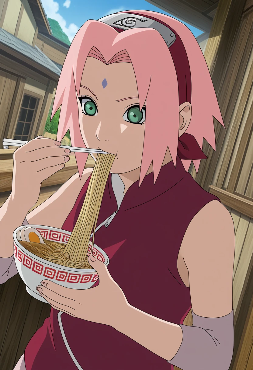 anime coloring, 1girl, haruno sakura, naruto \(series\), solo, upper body, eating ramen, ramen shop, village, dramatic lighting, dynamic angle, absurdres, anime screenshot, depth