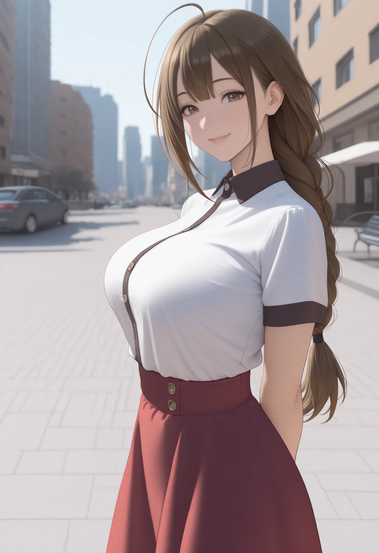 Light brown hair, Small breasts, Narrow waist, Thick thighs, Shapely butt, The body is slim, ponytail, (((タイトなblouse))), Cleavage, necklace, Seductive posture, Breast compression, blouse, Tight Skirt,Leaning forward, garden, path, wood, Flowers, distant city in the background, View your viewers, Sexy look