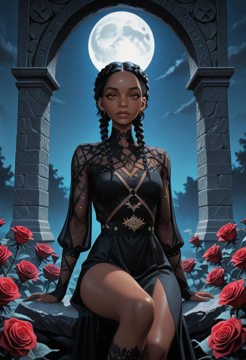 masterpiece, best quality, absurdres, highres, extremely high detail,
<lora:ILSOMHazel:1.0>
SOMHazel, 1girl, black hair, long hair, twin braids, brown eyes, dark skin, earrings, looking at viewer, sits gracefully in a stone archway adorned with vibrant red roses, serene and ethereal presence, full moon casts a gentle light, surrounding darkness, night sky