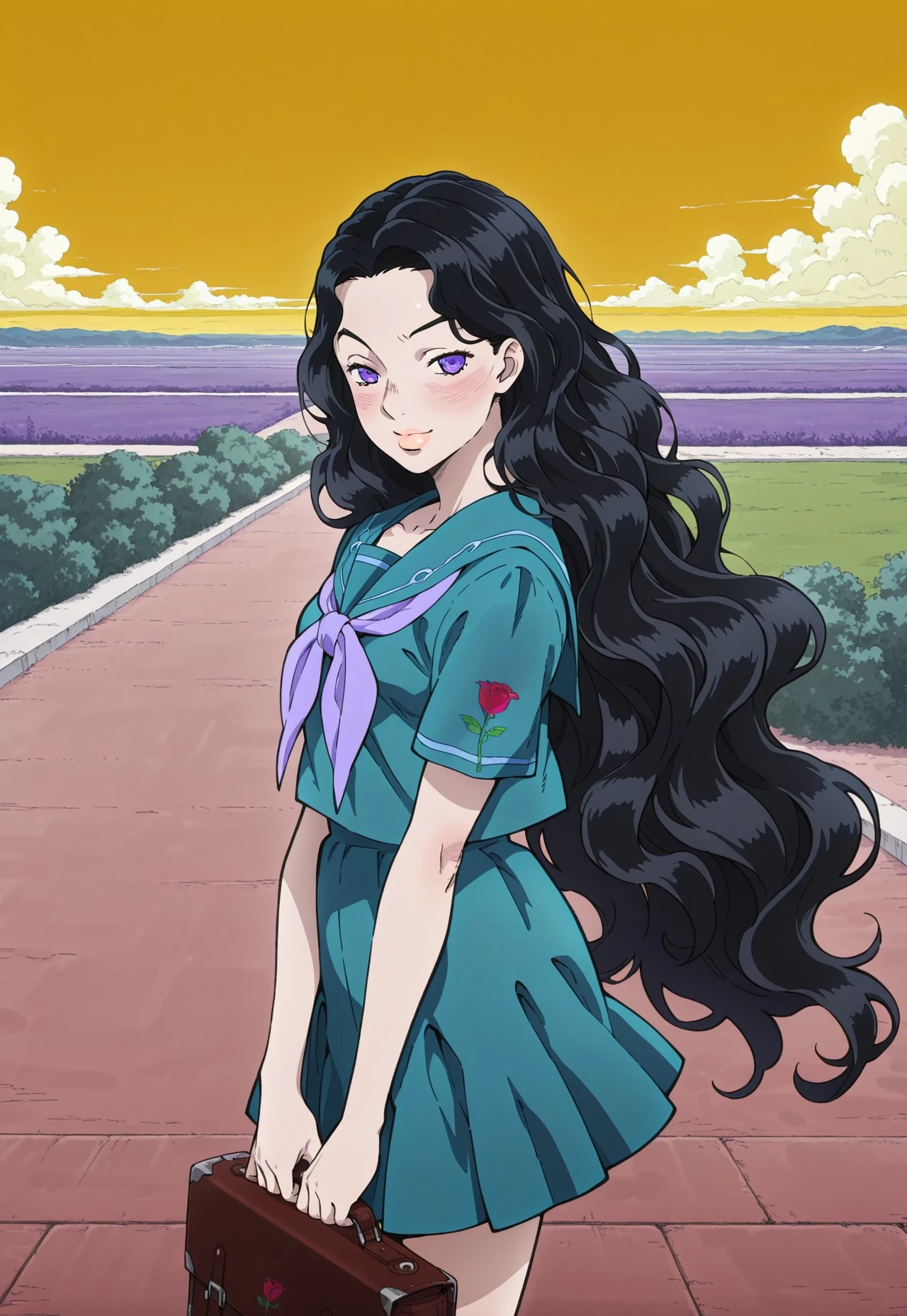 (masterpiece, amazing quality, best quality, highres, ultra-detailed,very aesthetic,best hands, anime coloring,detailed),very aesthetic, illustration, perfect composition, intricate details, absurdres, incredibly absurdres,(((1girl,solo,YukakoYamagishi, Black Hair, Long Hair, Wavy Hair, Purple Eyes, Arched Eyebrows, Lips,Teal Serafuku, Rose Sleeve Imprint, Lavender Bow,perfect face,detailed eyes))),cowboy shot,from side,looking at viewer,outdoors,street,yellow sky,purple trees,clouds,smile,blush,holding briefcase with both hands,standing