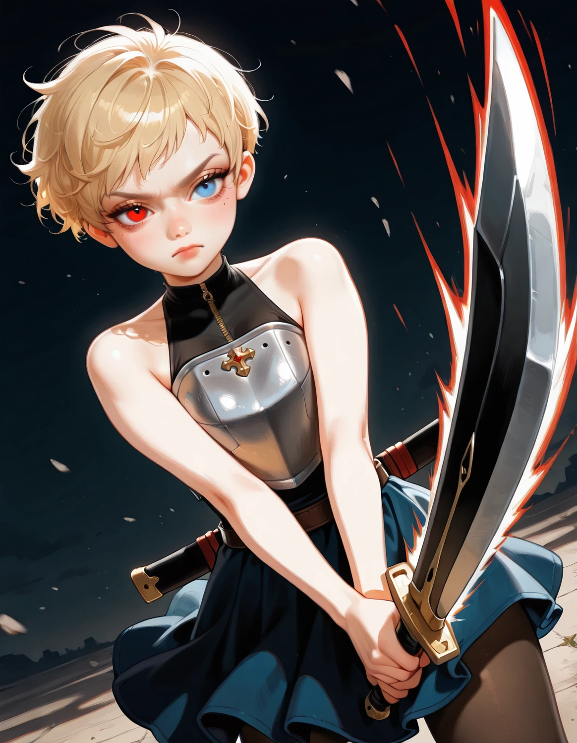 maomaki, sword on hip, rookie, pixie cut, breastplate, petite female, fighting stance, serious,