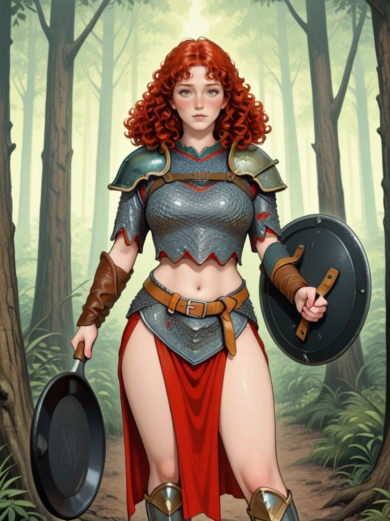 <lora:Tika_Waylan__Dragonlance:0.7>
1girl, solo pov, looking at viewer, blush, , cowboy shot, full body, standing in a forest
tika, red hair, curly hair, pelvic curtain, chainmail, midriff, shoulder armor, holding a frying pan, shield