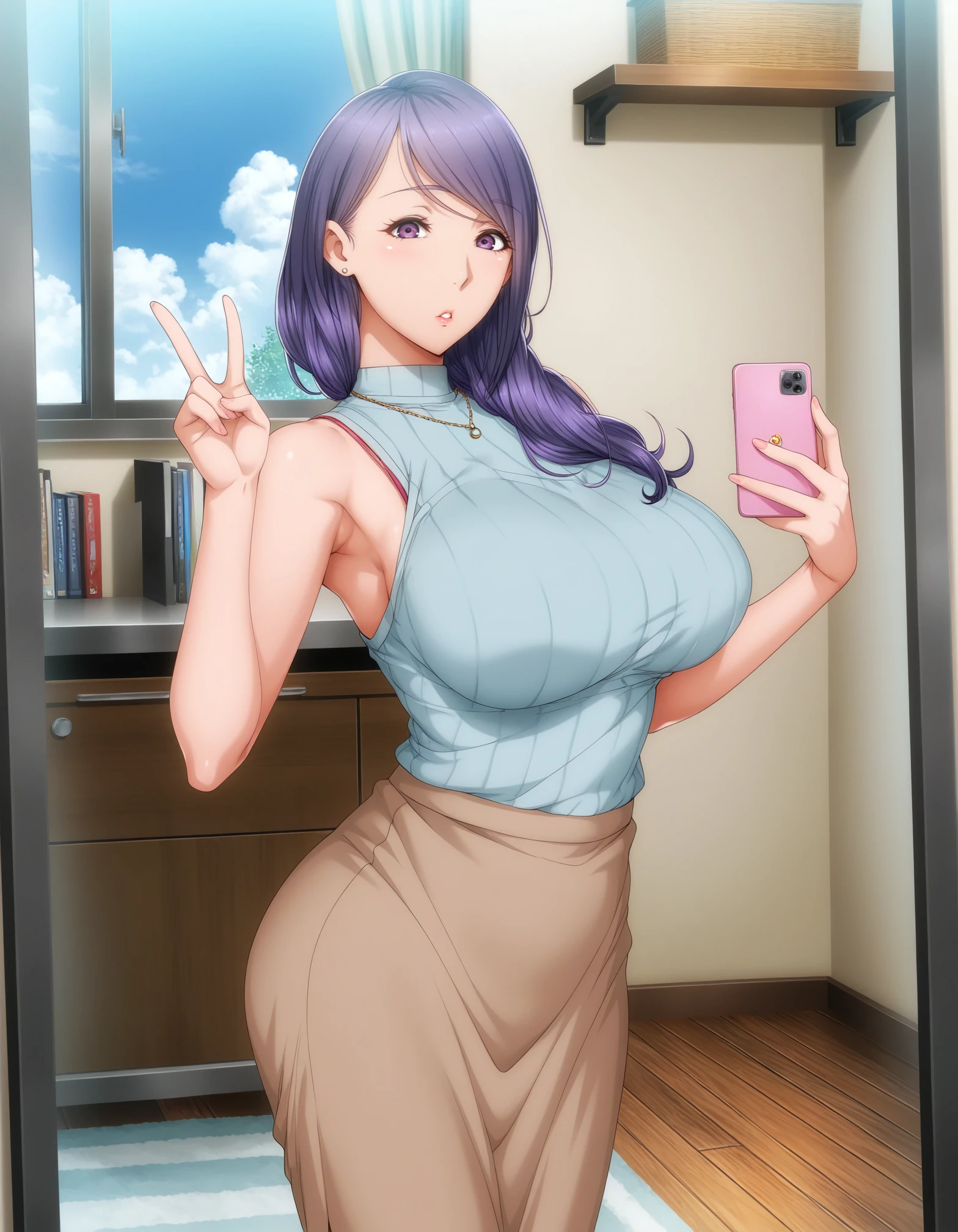 masterpiece, good quality, best quality, highres, absurdres, very awa, shadow, game cg,
Sakiko Ichinose, standing, holding phone, selfie, V, armpit,
looking at viewer, parted lips, confident,
1girl, mature female, solo,
long hair, purple hair, purple eyes, earrings, necklace, hair over shoulder, dark hair,
turtleneck sweater, sleeveless sweater, skirt, long skirt, brown skirt,
curvy, large breasts,
indoors, room, window, blue sky, cloud, shelf
<lora:Sakiko Ichinose 3216 NoobAIXL Epsilon:1>