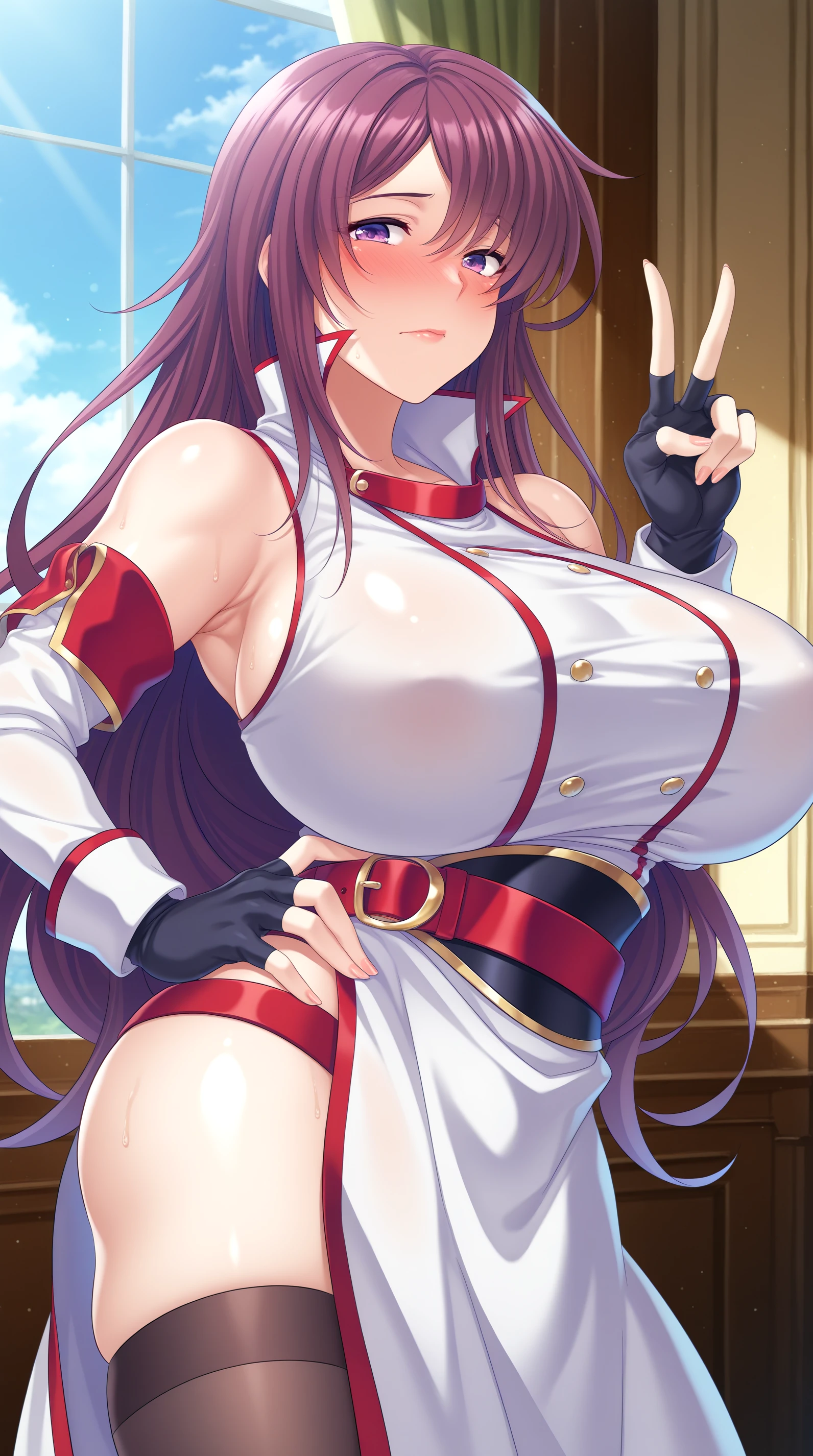 ((extreme detail)),(ultra-detailed), extremely detailed CG unity 8k wallpaper, best quality, Yae_Miko_Genshin_Impact, bodysuit, posing, cowboy shot, lens flare. Girl with thick fat chunky physique. Her height is around 5 feet 2 inches (157 cm), with a huge mommy body. Her skin tone is fair and smooth, giving her an older appearance. In terms of facial features, Hinata has a soft and gentle countenance. She has a slim nose, and her lips are naturally pink and slightly full. Her eyebrows are well-shaped and neatly arched, framing her eyes beautifully. Her are huge and well-shaped. they are massive and u can see a nipple outline Overall, smile (sexy, salivating), representing her gentle nature. A sexy girl with huge and a thick body is wearing a body-tight suit where you can see all of her curves and nipple outline white hair. She is thick busty fat and has huge her suit is very very tight and covers her whole body you can see all of her curves and body. Full body suit very tight you can see her full body,she has a big penis
