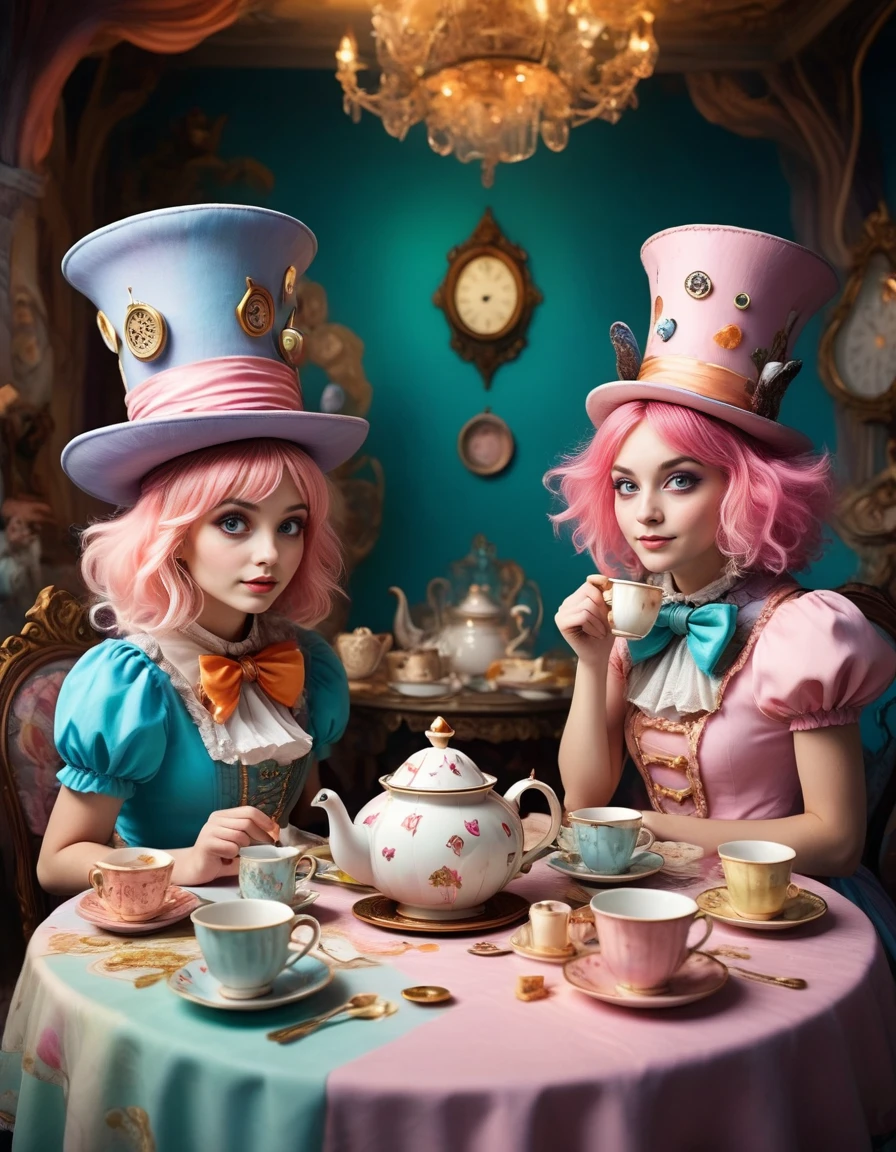 in the style of <lora:AliceInWonderlandStyleV2_epoch_10:1> alicestyle, anime, 2girls, mad hatter tea party, mismatched outfits, tilted table, steaming teapots, pastel colors, surrounded by surreal creatures and talking cups
, in the style of <lora:AliceInWonderlandStyleV2_epoch_10:1> alicestyle