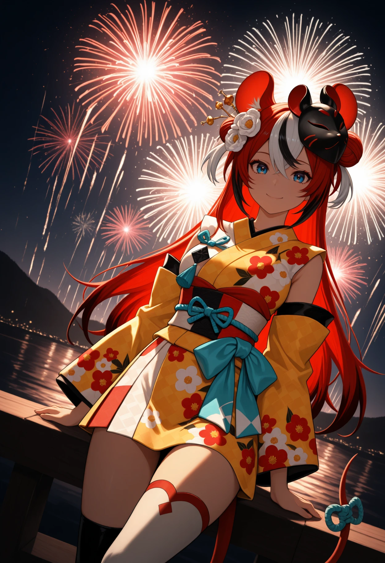 masterpiece, best quality, 1girl, solo, B4elzNwYrs, blue eyes, multicolored hair, red hair, white hair, black hair, long hair, hair bun, animal ears, hair flower, mask on head, multicolored kimono, floral print, yellow kimono, red kimono, detached sleeves, sash, blue waist bow, asymmetrical thighhighs, white thighhigh, black thighhigh, tail, tail ornament, outdoors, night, aerial fireworks, high contrast, looking at viewer, smile, dutch angle, wide shot, <lora:ChamHakosBaelzNoob:1>